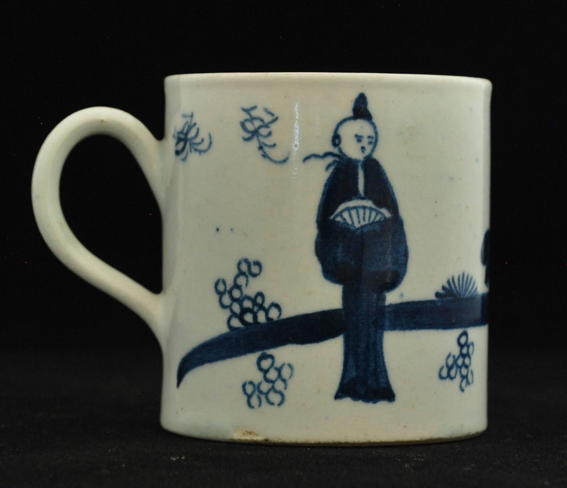Anglais Canne à café, porcelaine bleue et blanche « Homme à la fenêtre » avec nœud, vers 1760 en vente