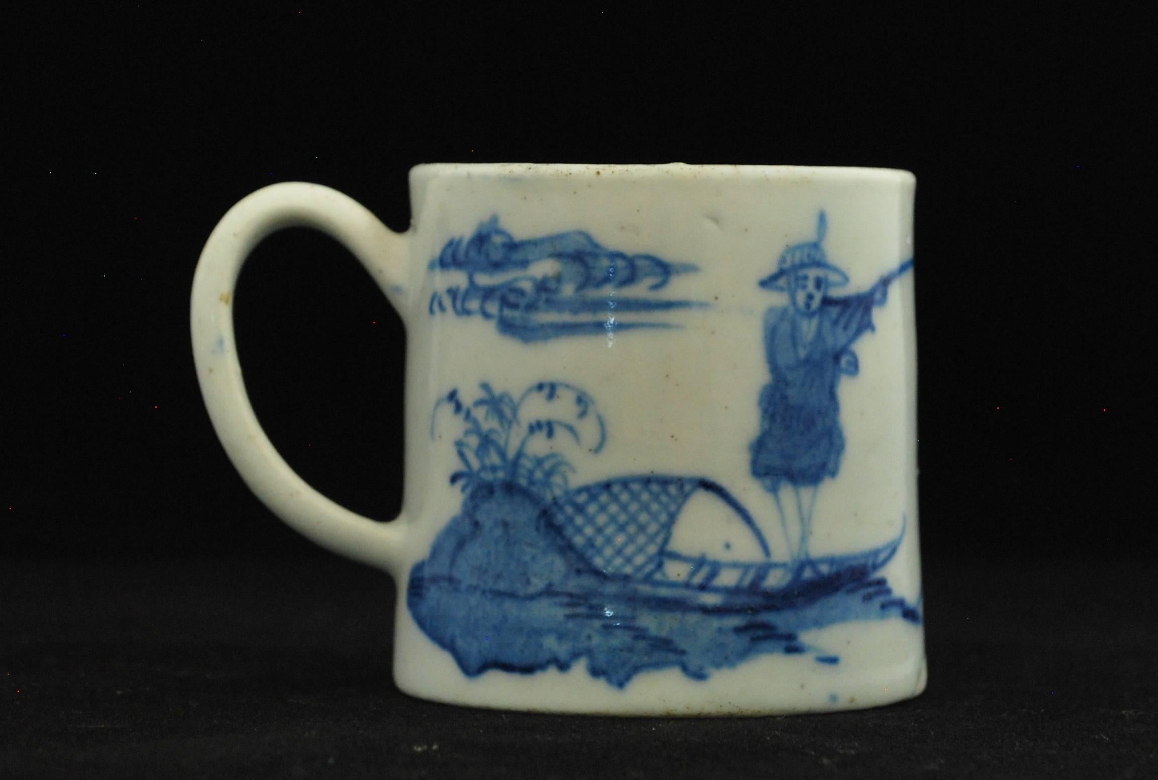 Anglais Canne à café, porcelaine à nœud en bleu et blanc « Homme à jambes croisées », vers 1751 en vente