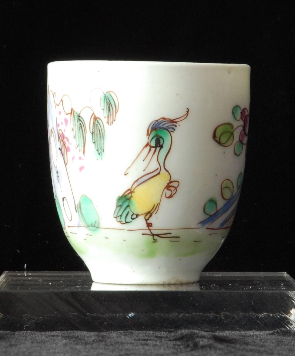 Kaffeekanne, polychromiert „“Spitzenvogel“, Bogenporzellan, um 1752 (Englisch) im Angebot