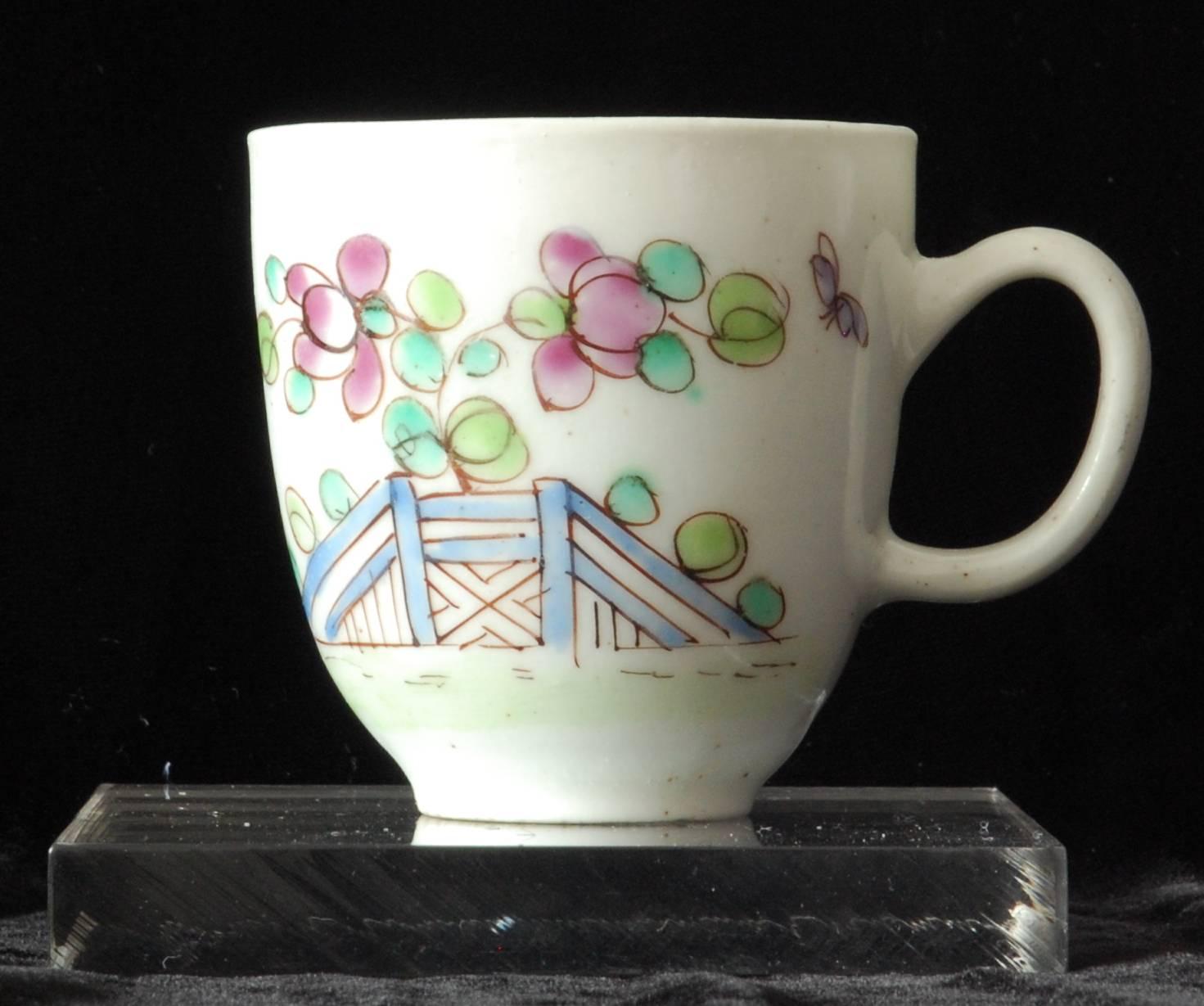 An early coffee can from the bow porcelain factory, naively painted with the ‘Strutting Bird’ pattern.

 