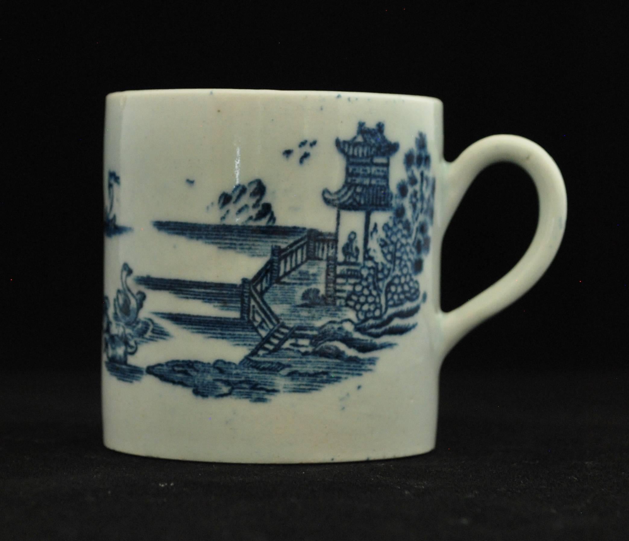 Decorated with an under-glaze blue print of a Chinese landscape, featuring a man at the window of a pagoda, admiring swans on the lake.

Bow didn't produce very much in the way of transfer-printed porcelain. Of the 12 coffee cups in the Taylor