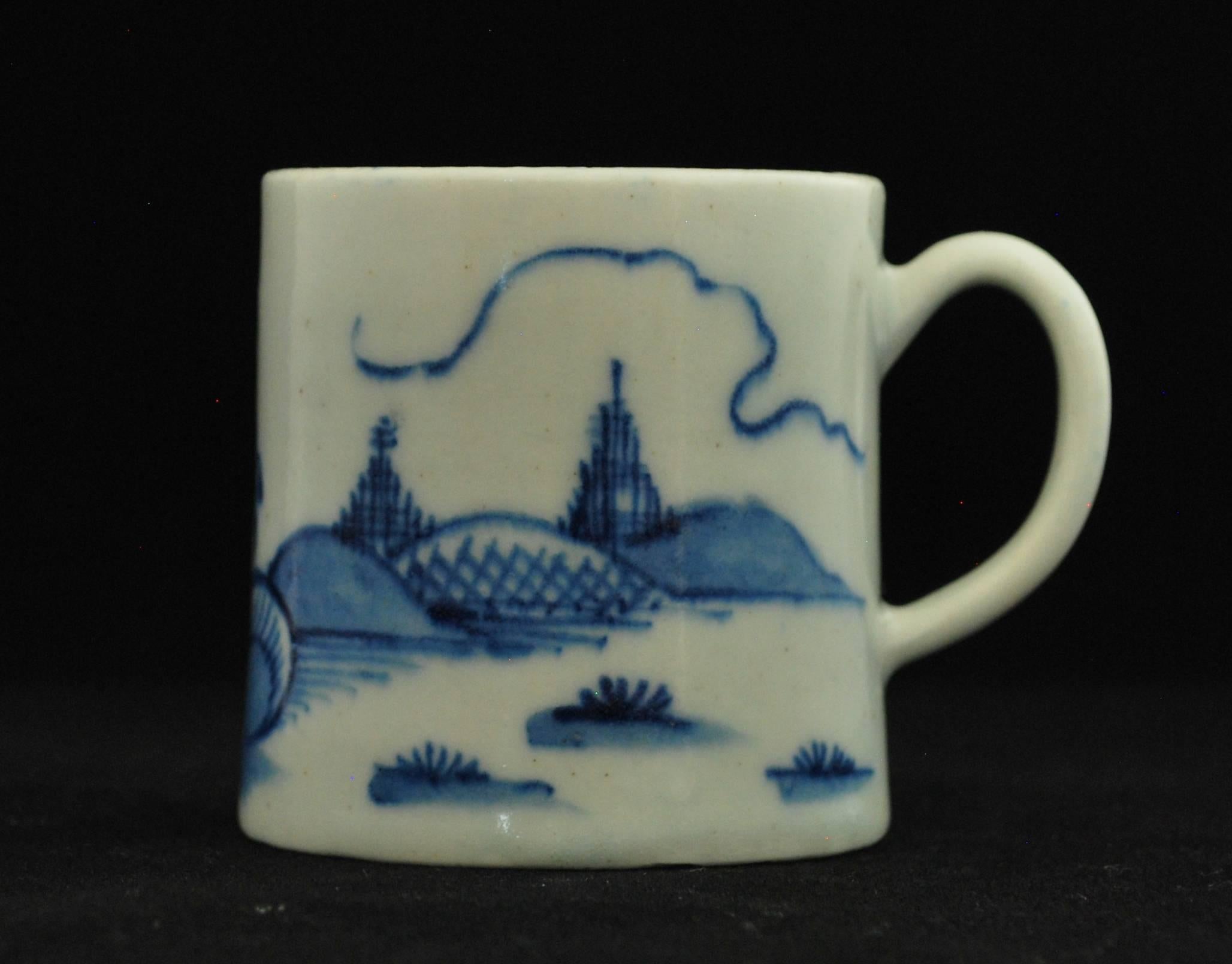 An early coffee can, painted in under-glaze blue with a Chinese landscape.

Prov: Taylor Collection; Roderick Jellicoe.
 