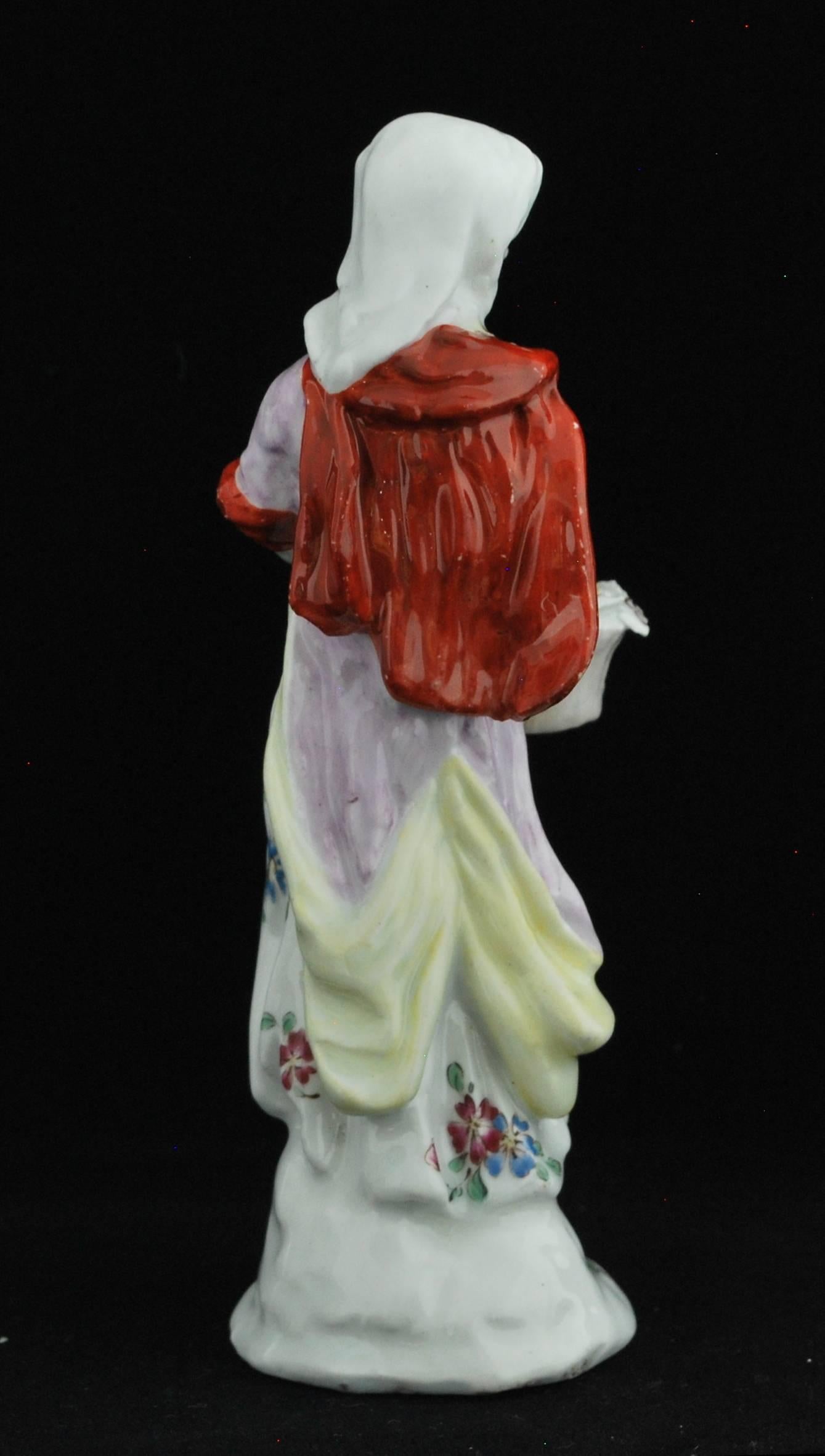 English Figure: Female Pedlar, Possibly Peg Woffington, Bow Porcelain, circa 1758 For Sale