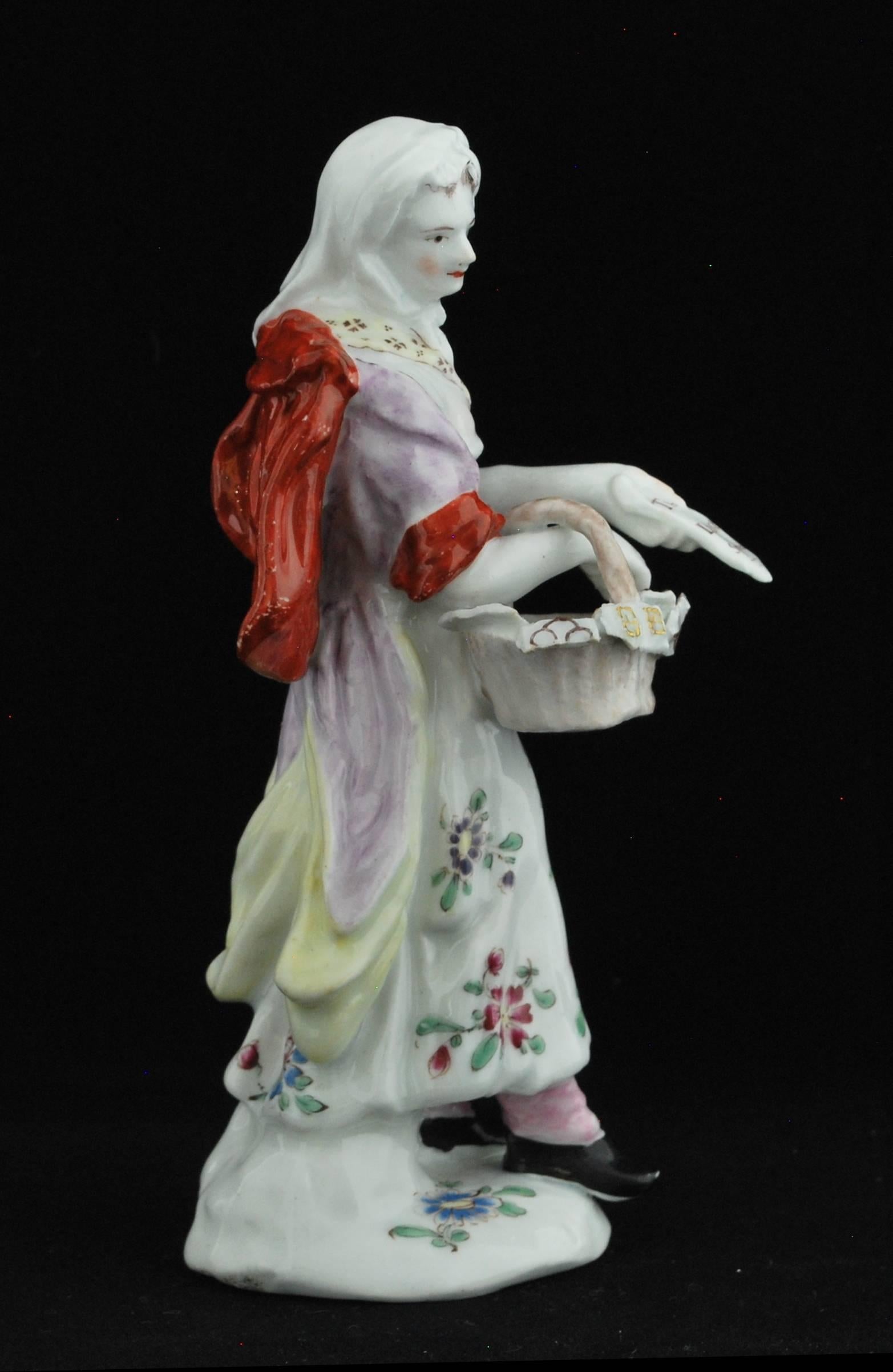 Neoclassical Figure: Female Pedlar, Possibly Peg Woffington, Bow Porcelain, circa 1758 For Sale