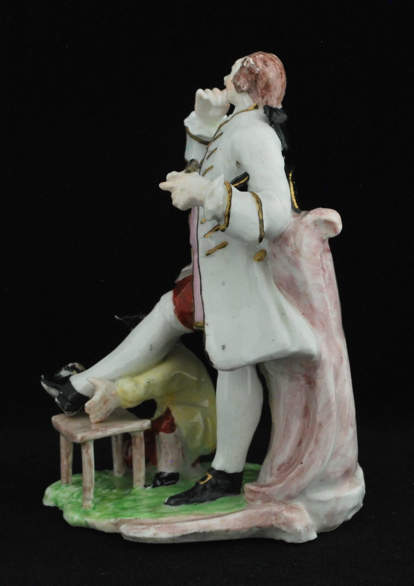 18th Century Figure: David Garrick and the Shoeshine Boy, Bow Porcelain, circa 1751 For Sale