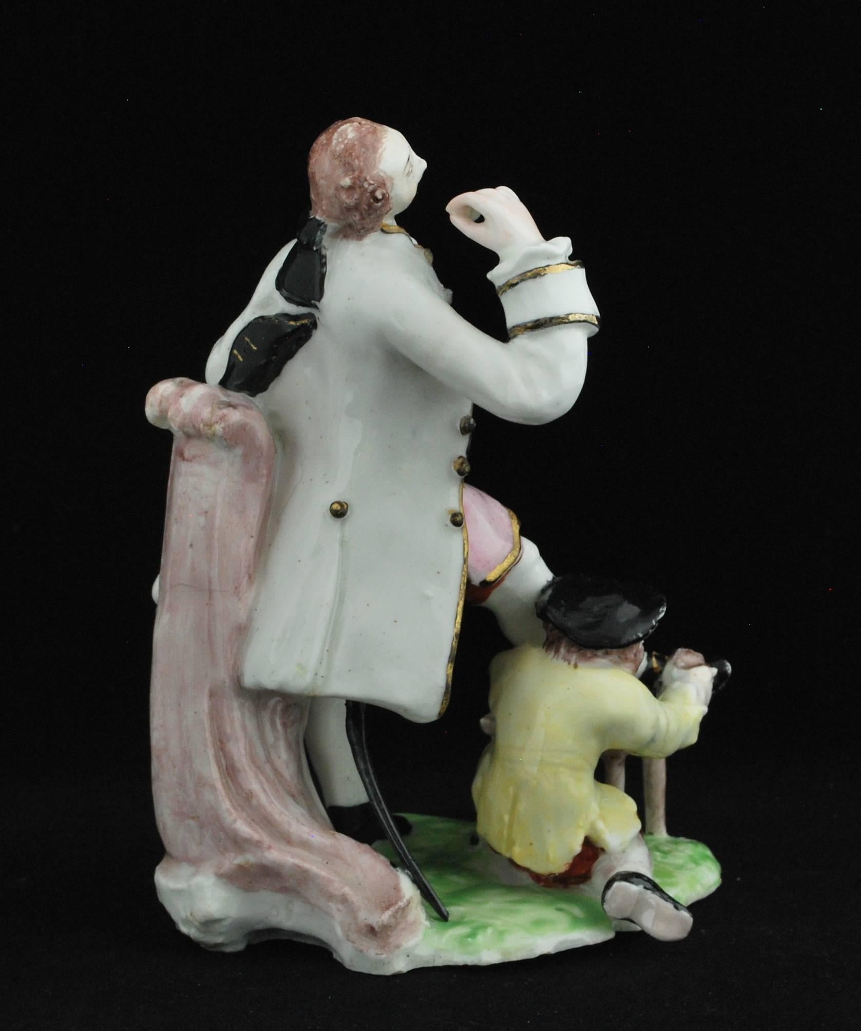 English Figure: David Garrick and the Shoeshine Boy, Bow Porcelain, circa 1751 For Sale