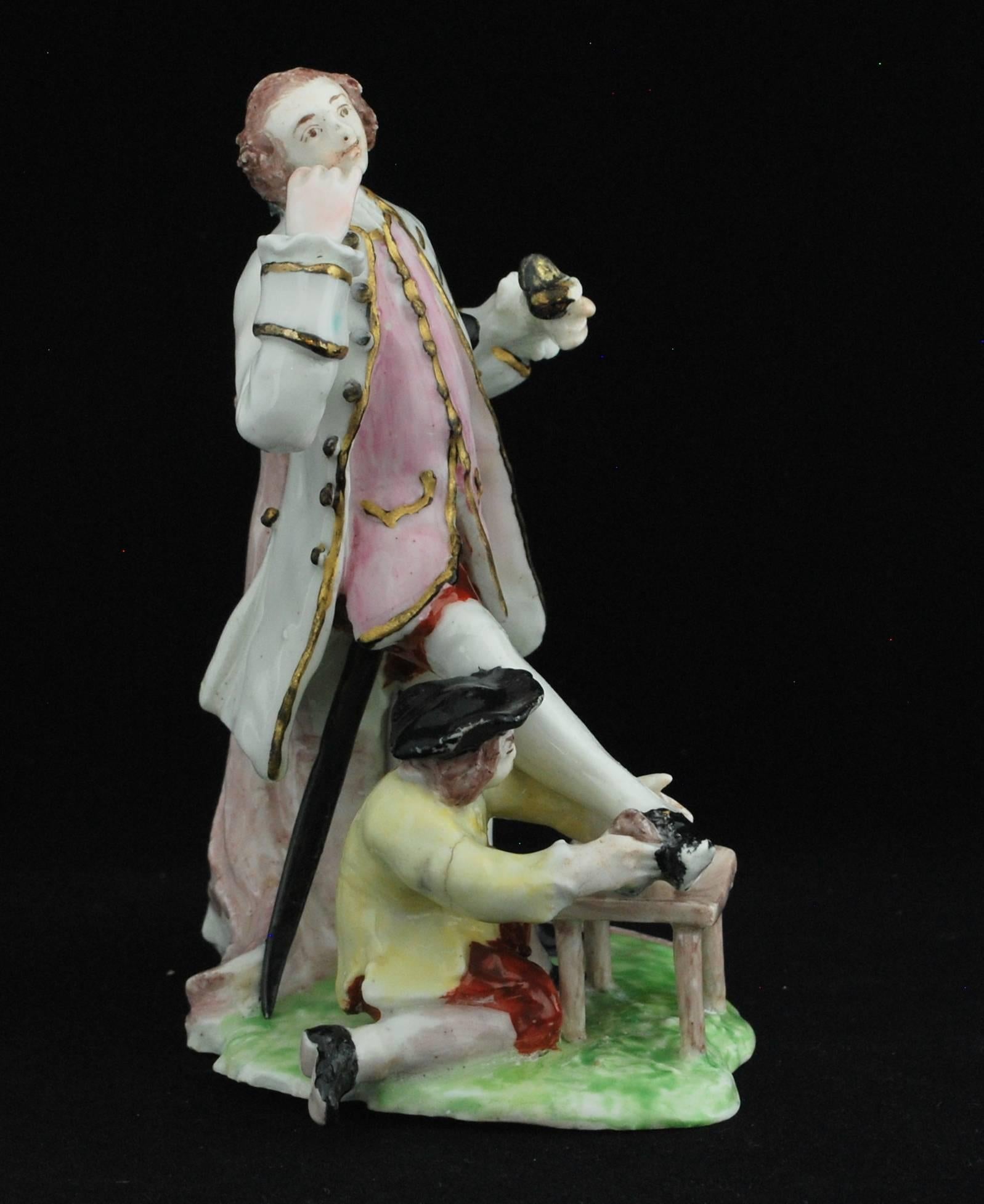 Neoclassical Figure: David Garrick and the Shoeshine Boy, Bow Porcelain, circa 1751 For Sale
