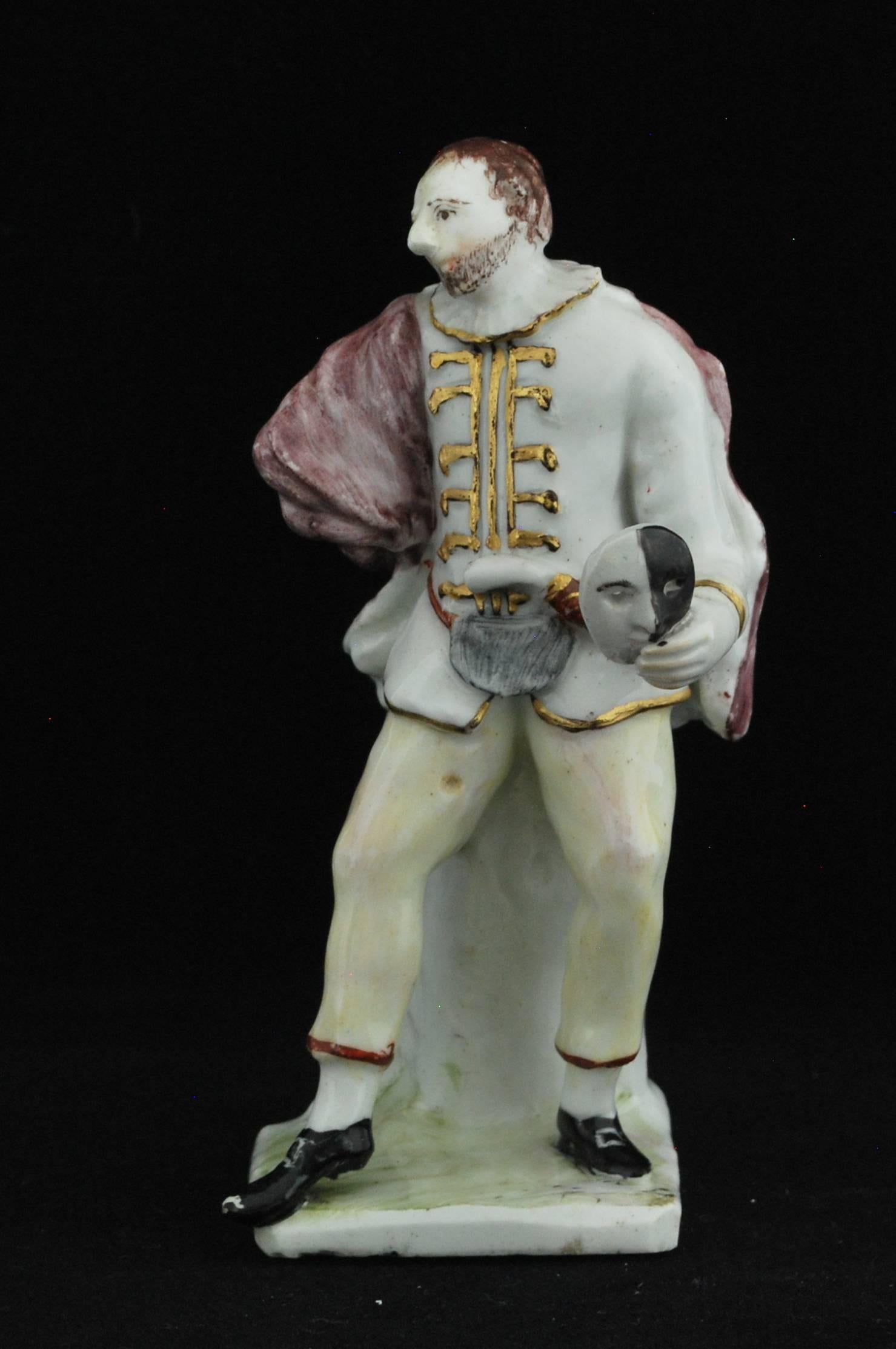 Scappino, or Scapin, a zany (zanni) character from the commedia dell'arte: a buffoon, schemer and scoundrel, and the title character in Molière's Les Fourberies de Scapin, first staged in 1671. The Bow figure shows him standing to right against a