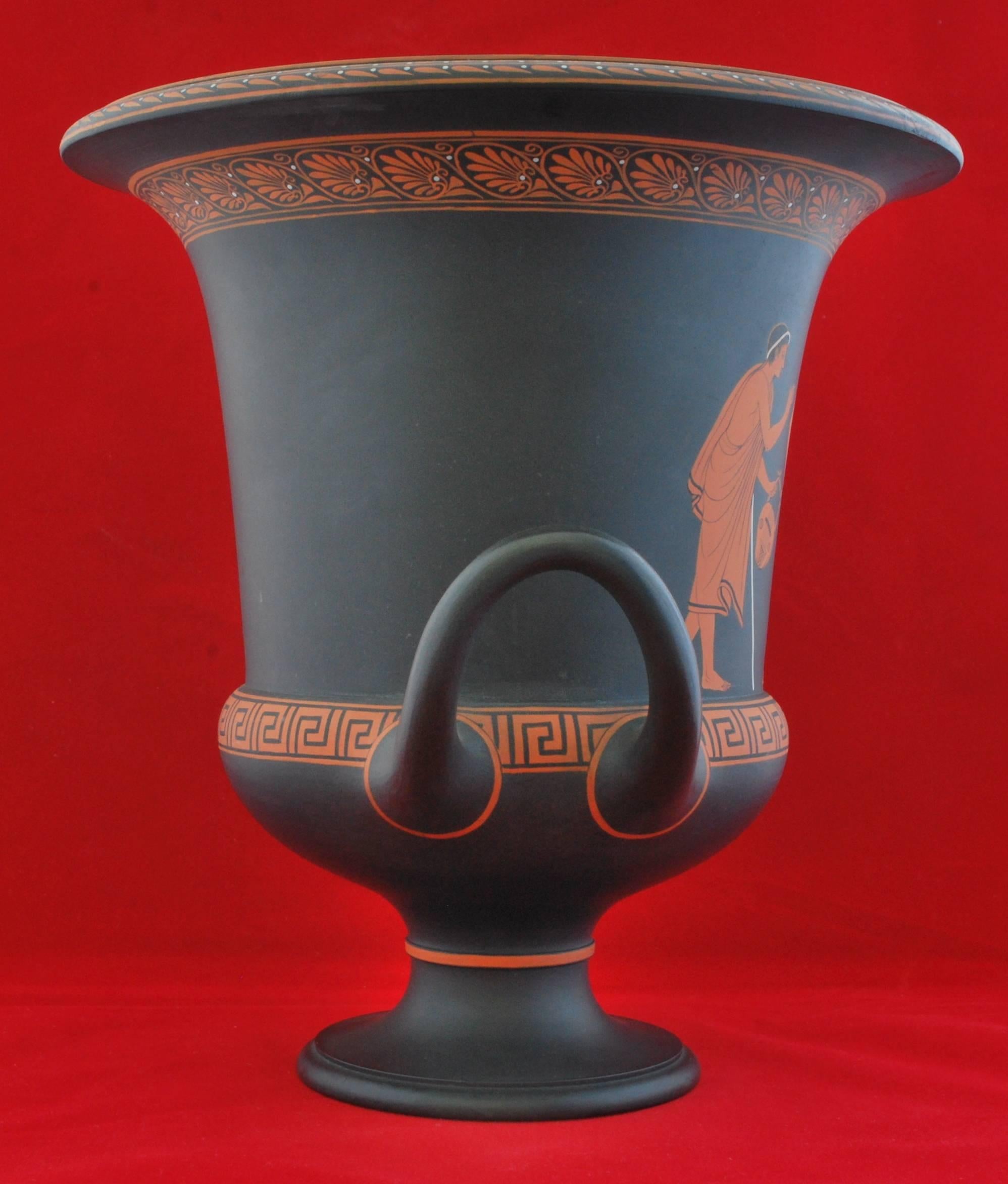 A fine campana vase, decorated in encaustic with a Classic scene of a boy choosing between arts and sports.

Provenance: Burris Coll. 
Exhibited Wedgwood International Seminar 16, 1971.
 