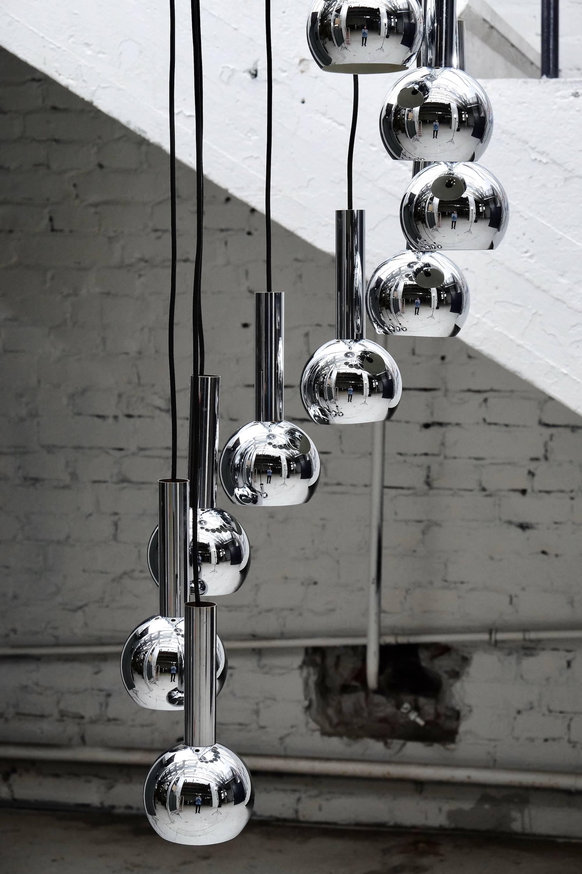 Space Age Ten Chrome Balls Cascading Spiral Chandelier, Germany, 1970s