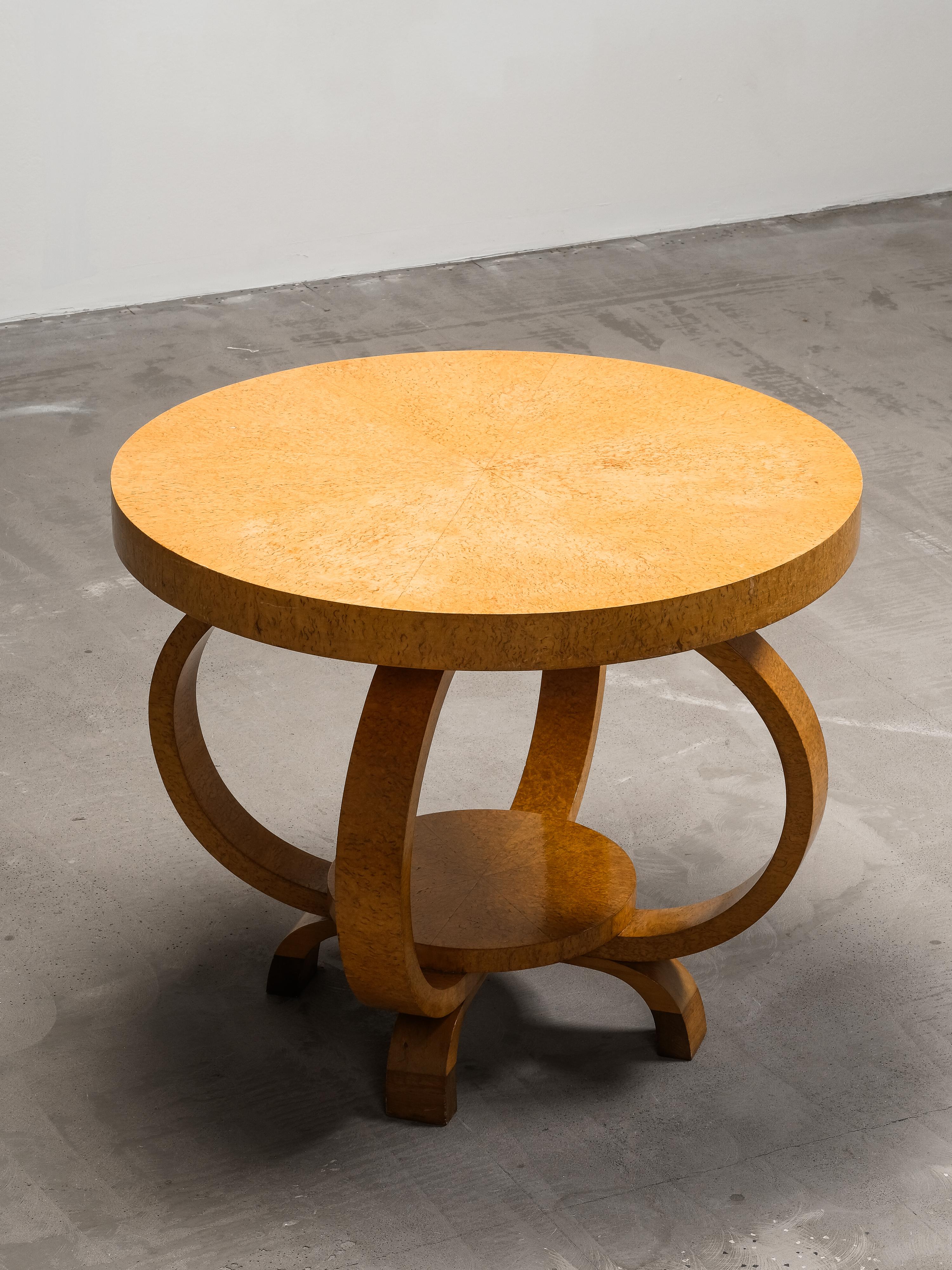 Birch Finnish Art Deco Round Burlwood Coffee Table, 1930s For Sale