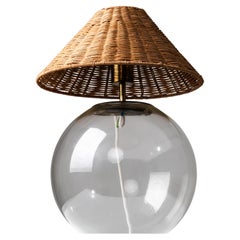 Finnish Mid-Century Glass Table Lamp with Wicker Shade Finnish Mid-Century Glass Table Lamp with Wicker Shade