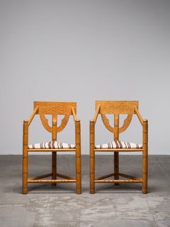 Pair of Brutalist Carved Oak Monk Chairs, Sweden