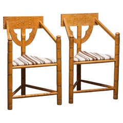 Pair of Brutalist Carved Oak Monk Chairs, Sweden