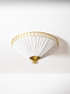 Mid-Century Brass & Pleated Textile Flush Mount, Finland, 1950s