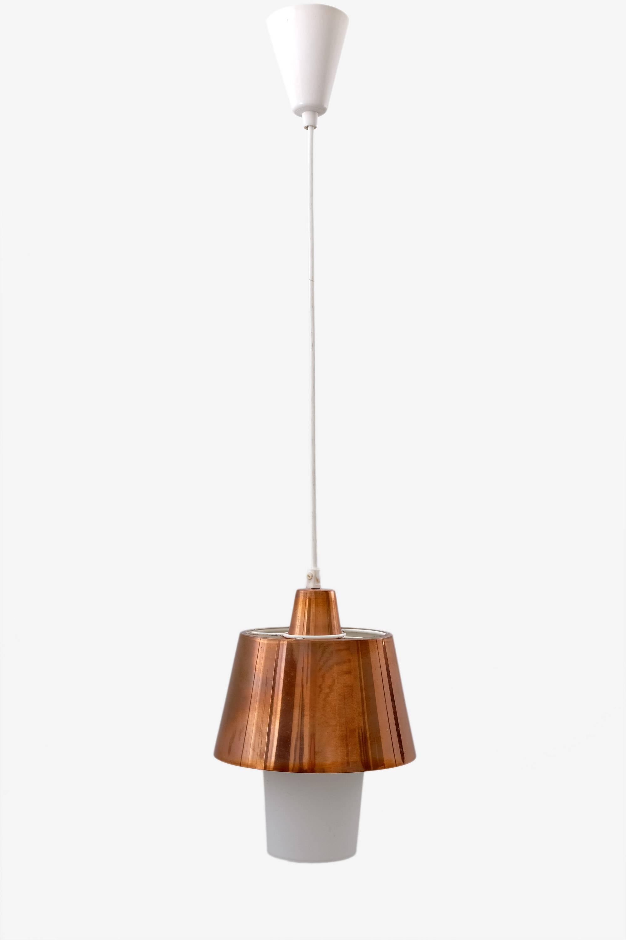 1950s Itsu ceiling lamp model ES 122. Copper shade, frosted inner glass. Manufacturer mark.
