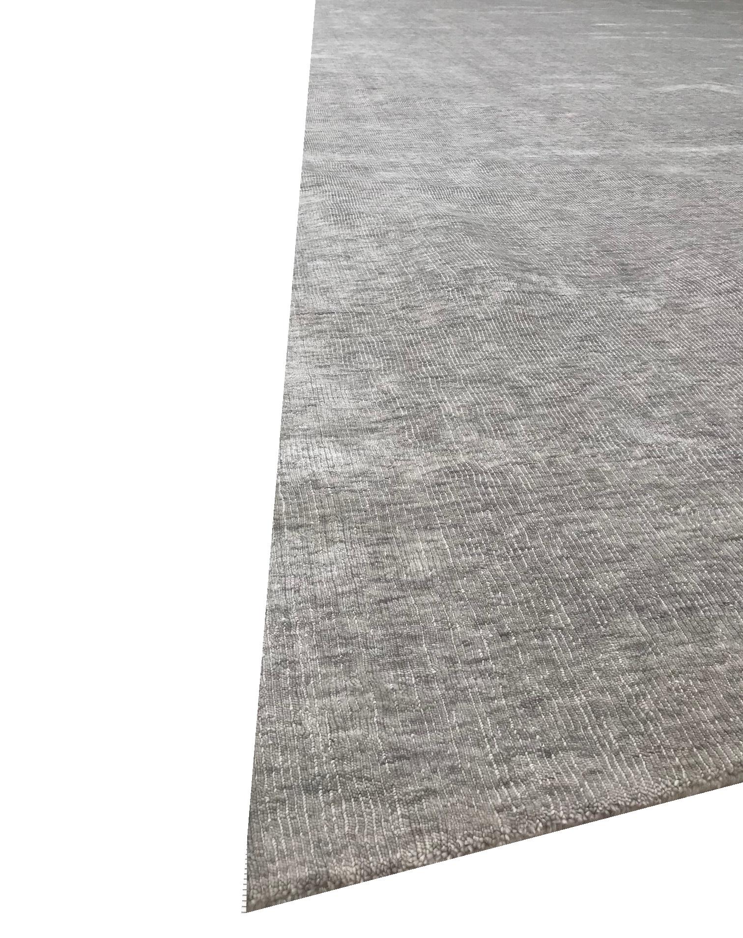 Modern Silver Light Gray Loop Cut Textured Solid Bamboo Silk Hand Woven Rug For Sale