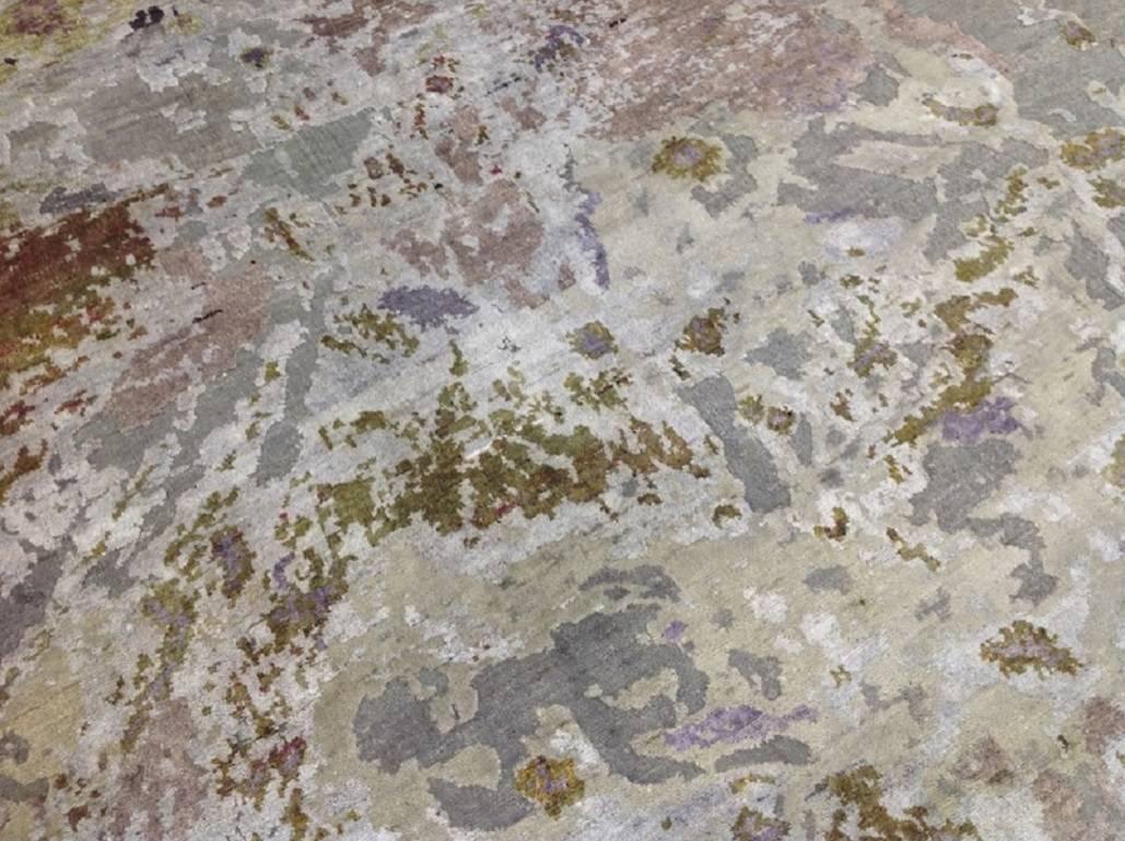 Taupe Rose Lime Wool & Silk Hand-knotted Organic Abstract Rug in Stock 12'x15'  For Sale 11