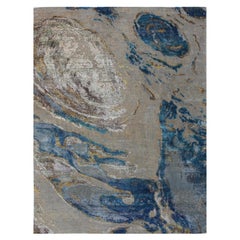 Tappeto organico beige bianco turchese annodato a mano in lana e seta in stock