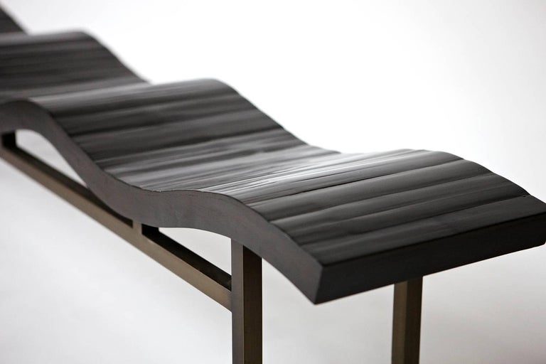 Organic Modern Elegant Bamboo Wave Bench with Split Bamboo and Brass Base by Aguirre Design For Sale