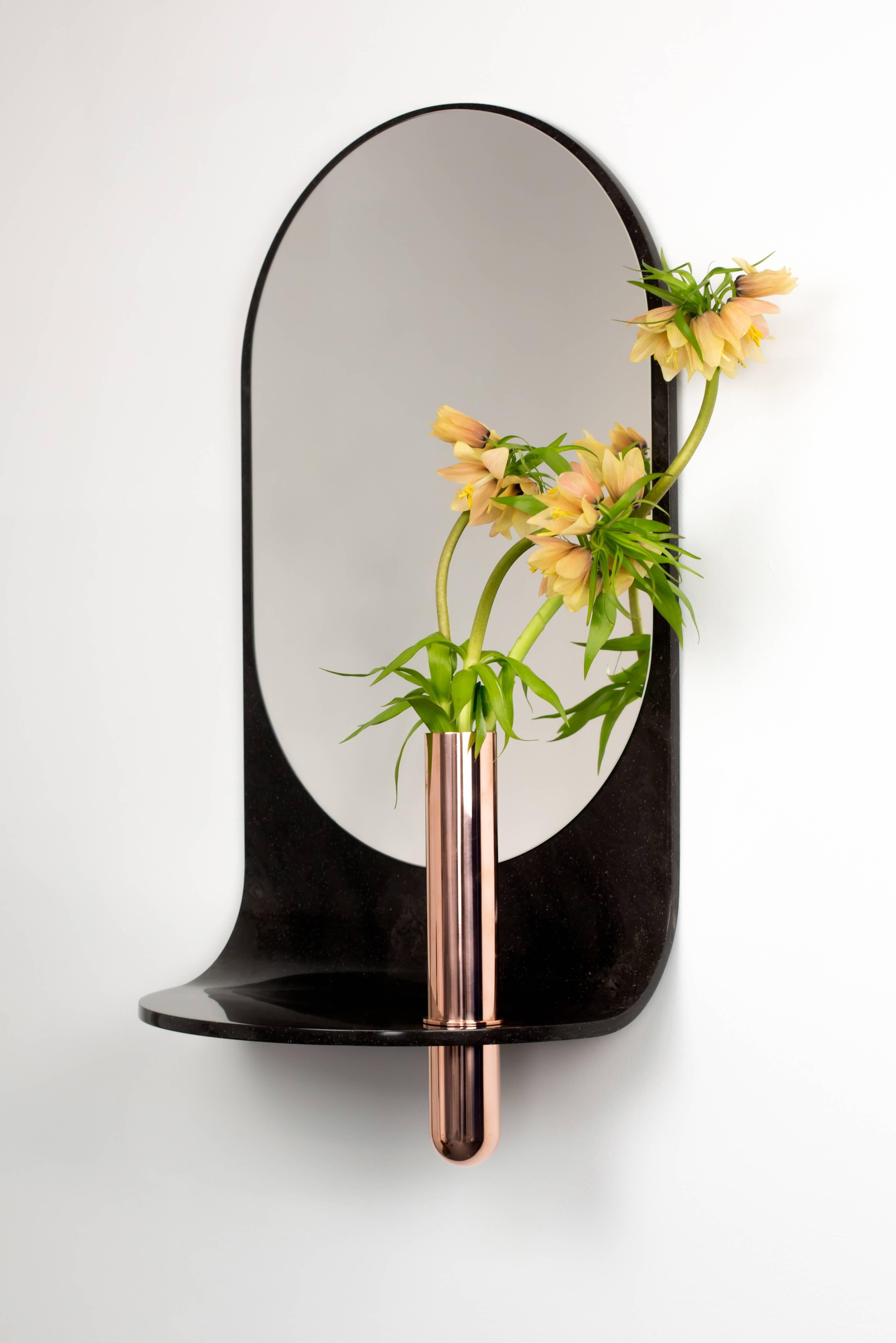 American Curved Stone Wall Mirror with Bronze Vase