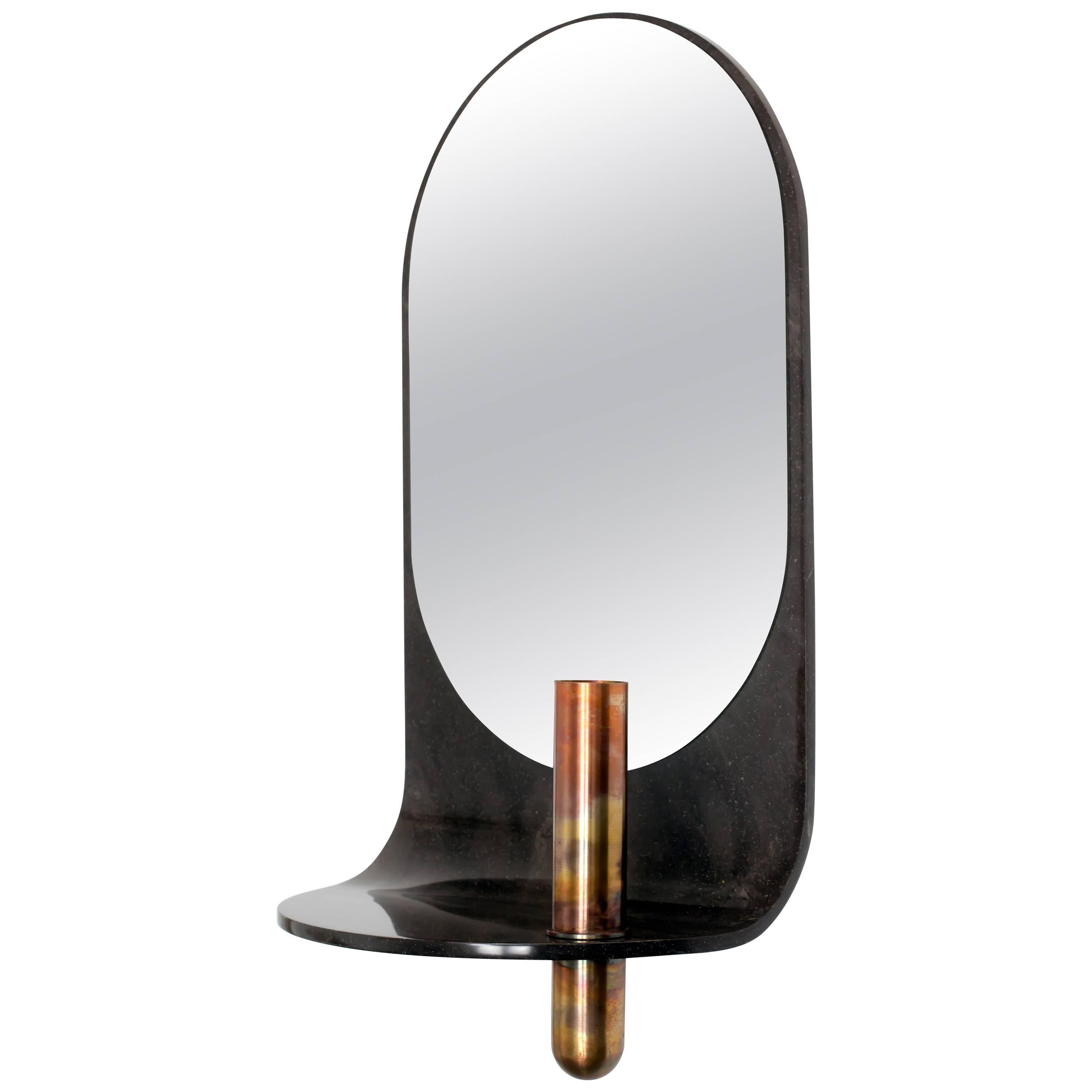 Contemporary Curved Stone Wall Mirror with Bronze Vase