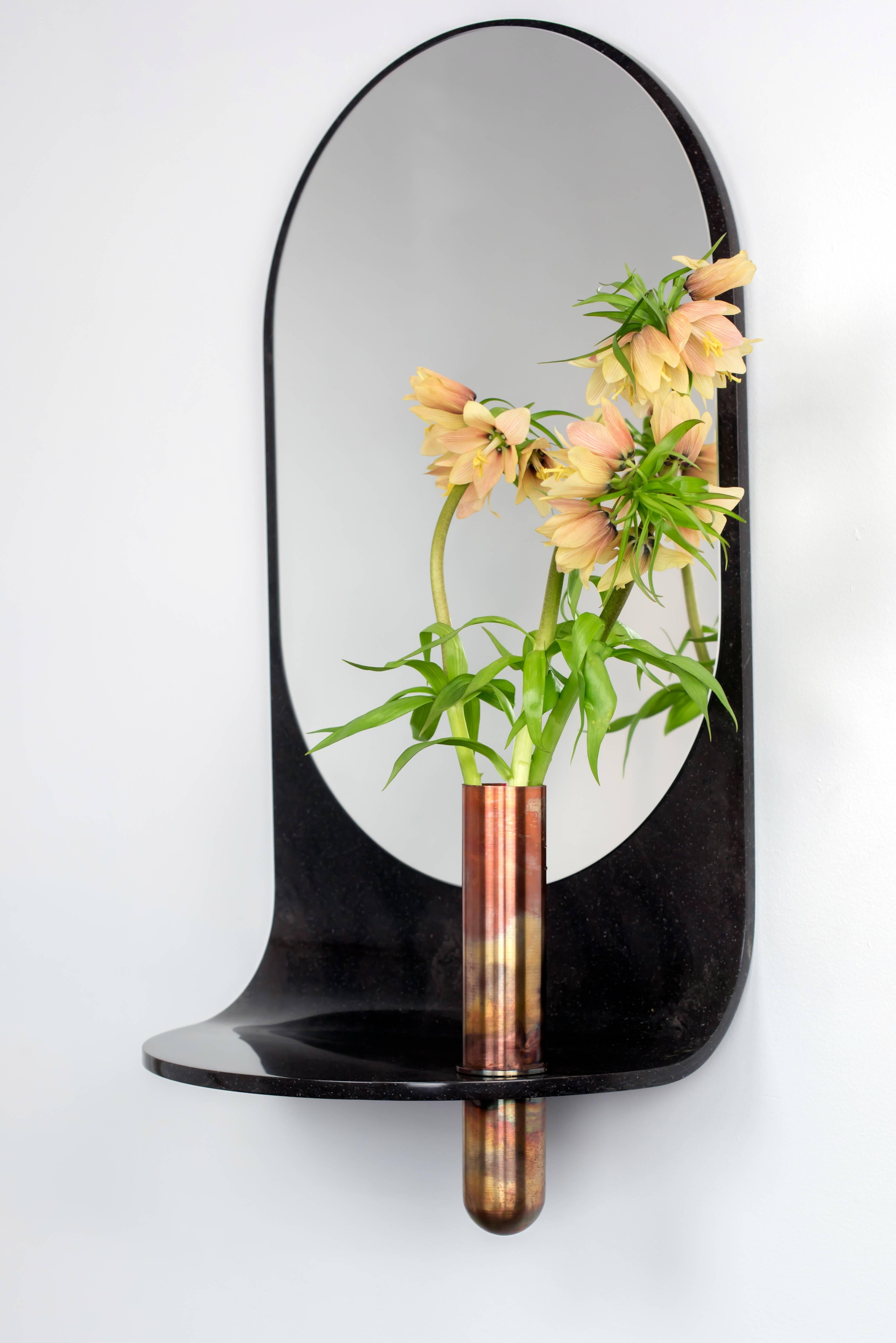 Copper Curved Stone Wall Mirror with Bronze Vase