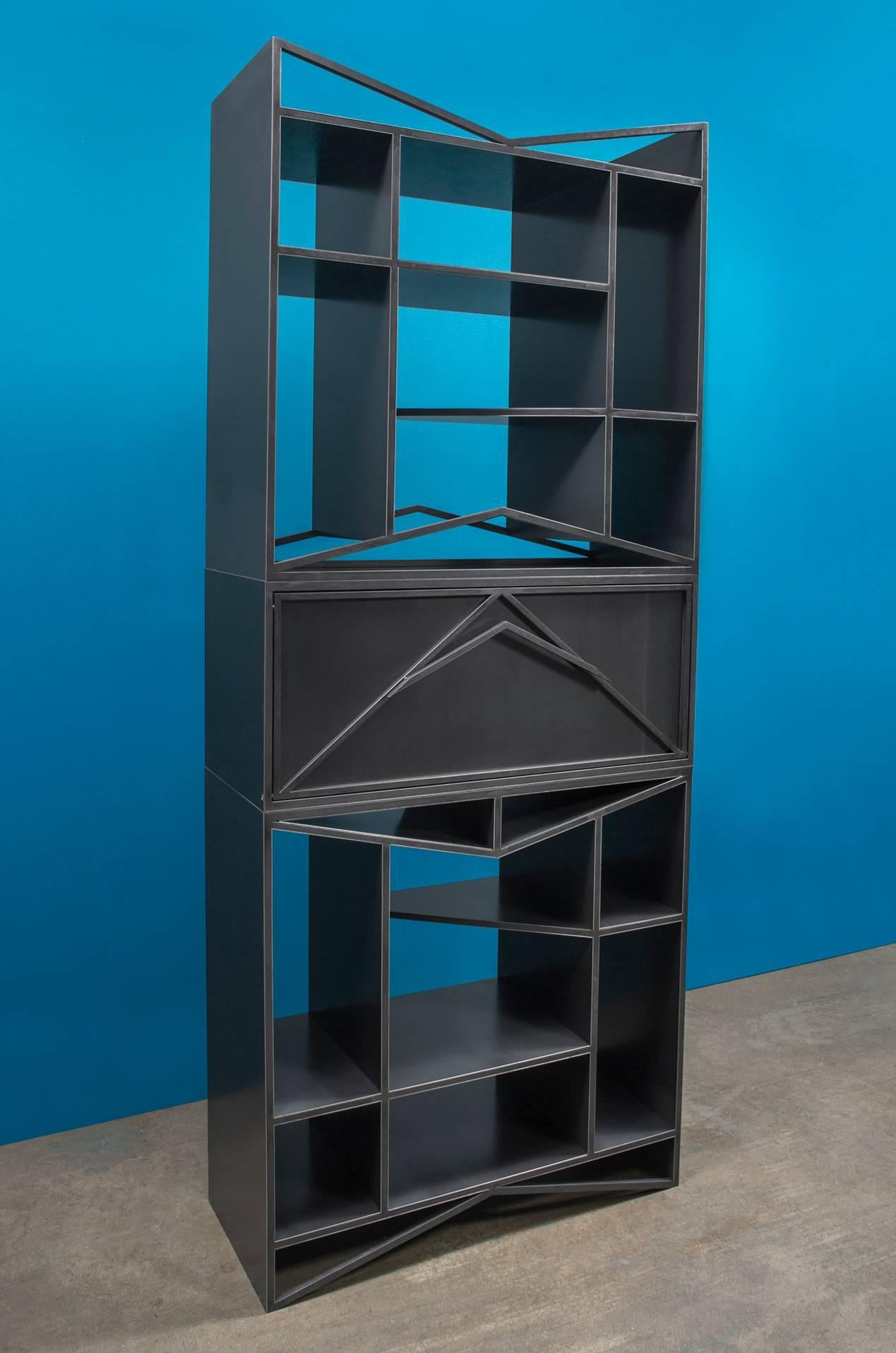 Blackened Meridian Modular Credenza, Trio, Modern Steel Etagere Cabinet, by Force/Collide For Sale