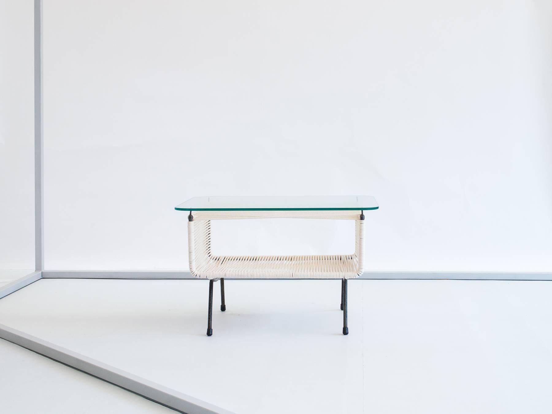 Small table, Classic design by Carlo Hauner and Martin Eisler. Cotton strings are new, as is the glass top. The iron is in its original condition.