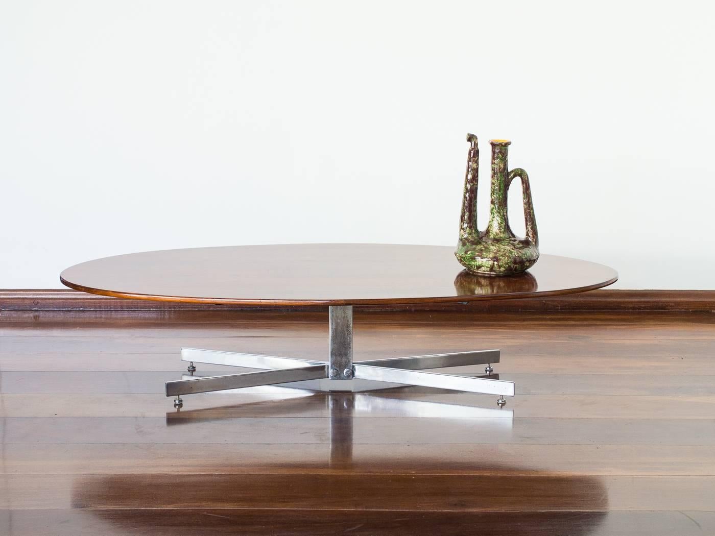 Brazilian  1960s Elliptical Coffee Table in Rosewood and Chrome by Jorge Zalszupin, Brazil