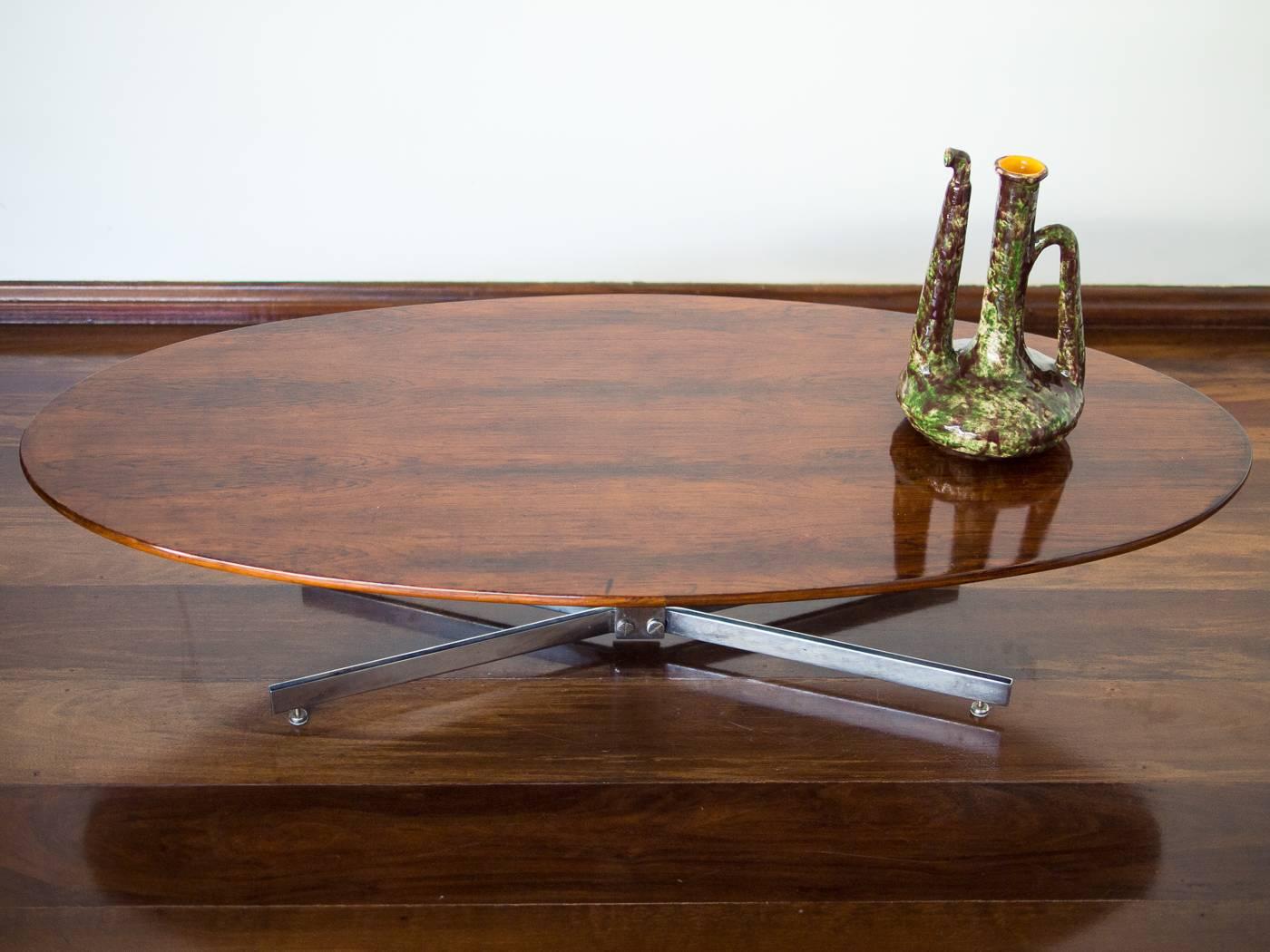  1960s Elliptical Coffee Table in Rosewood and Chrome by Jorge Zalszupin, Brazil 1