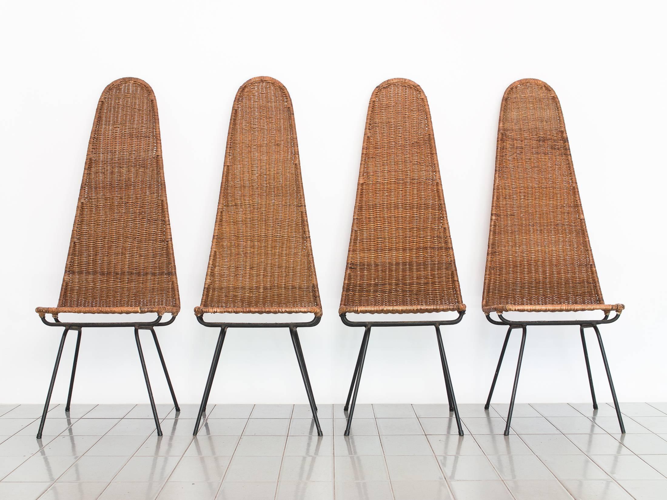 Mid-Century Modern 1950s Set of Four Carlo Hauner Chairs in Wrought Iron and Reed, Brazil Modern