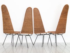 1950s Set of Four Carlo Hauner Chairs in Wrought Iron and Reed, Brazil Modern
