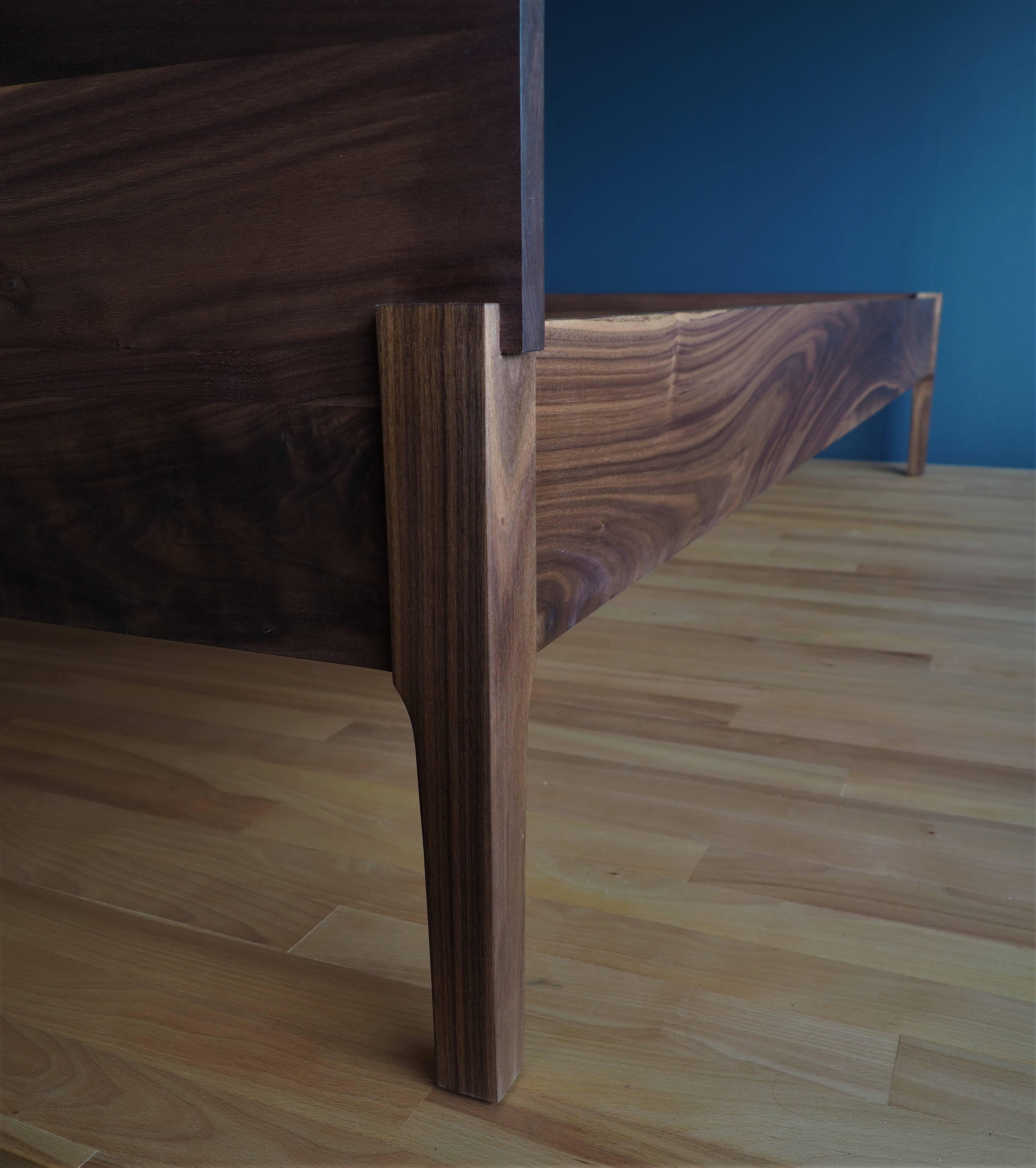 Woodwork Walnut High Back Bed by MSJ Furniture Studio with Attached Bedside Lamps