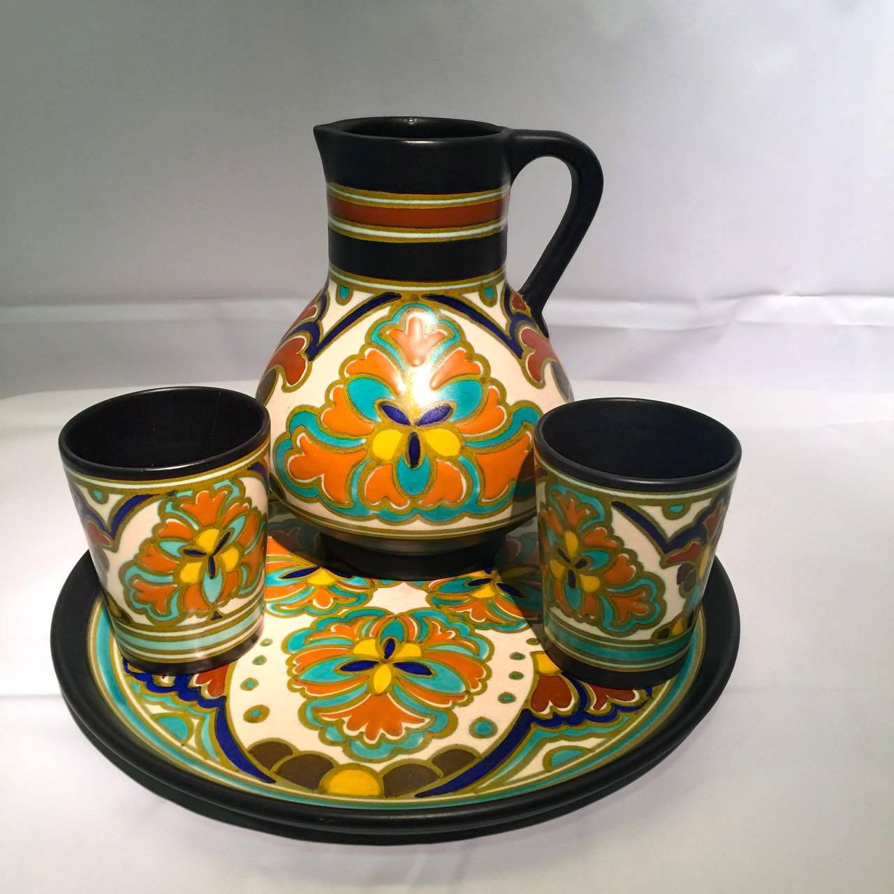 20th Century GOULDA Holland, Refreshmente Service, Multicolored Ceramic Art Nouveau, c 1900. For Sale