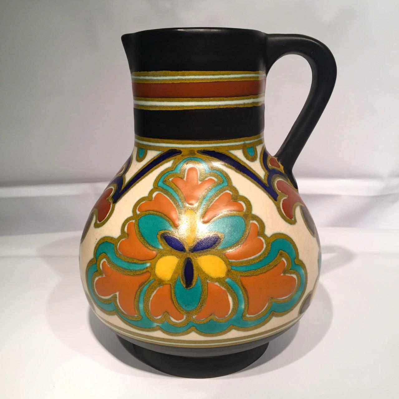Dutch GOULDA Holland, Refreshmente Service, Multicolored Ceramic Art Nouveau, c 1900. For Sale