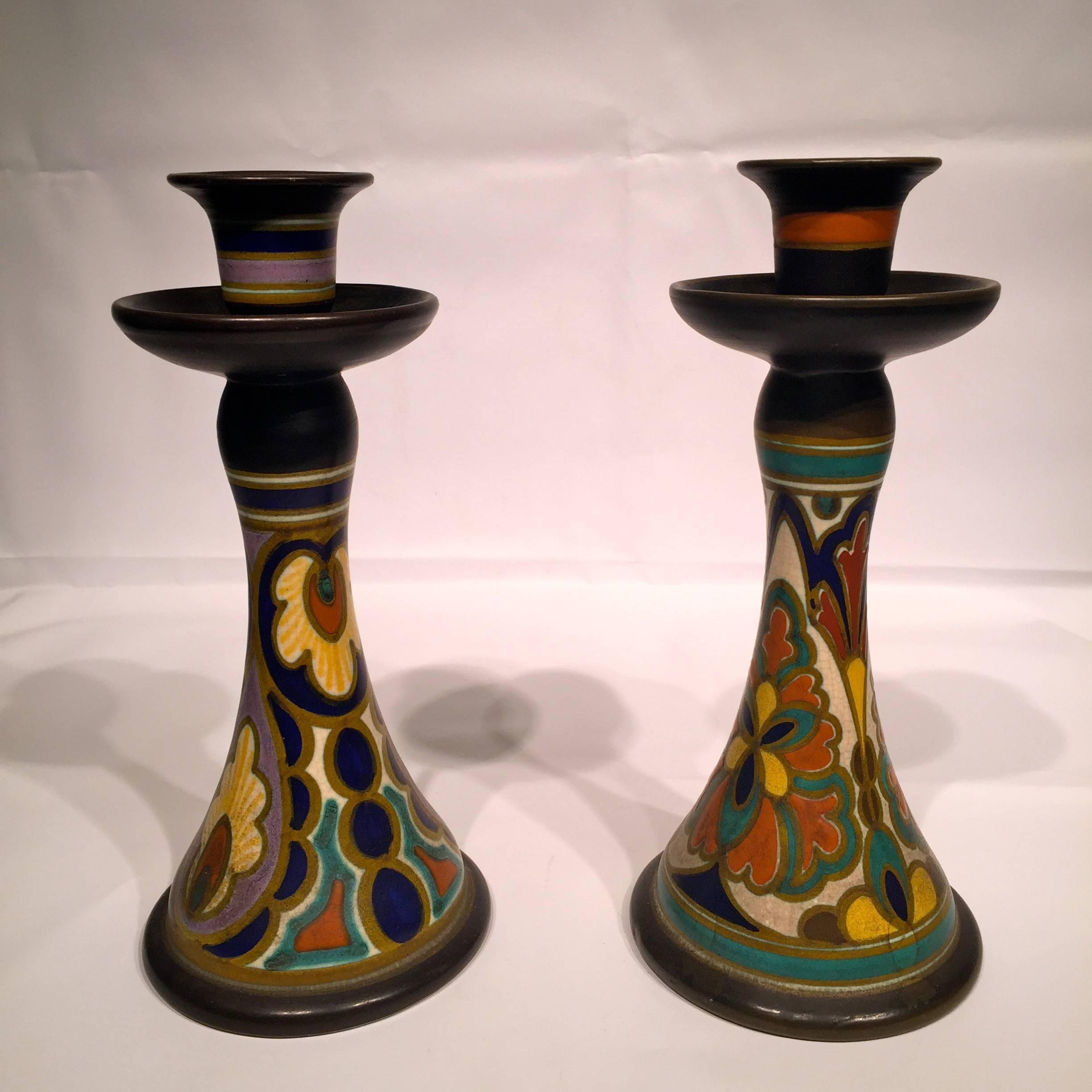 Pair of candleholders in Dutch Art Nouveau ceramic signed Gouda, circa 1900.