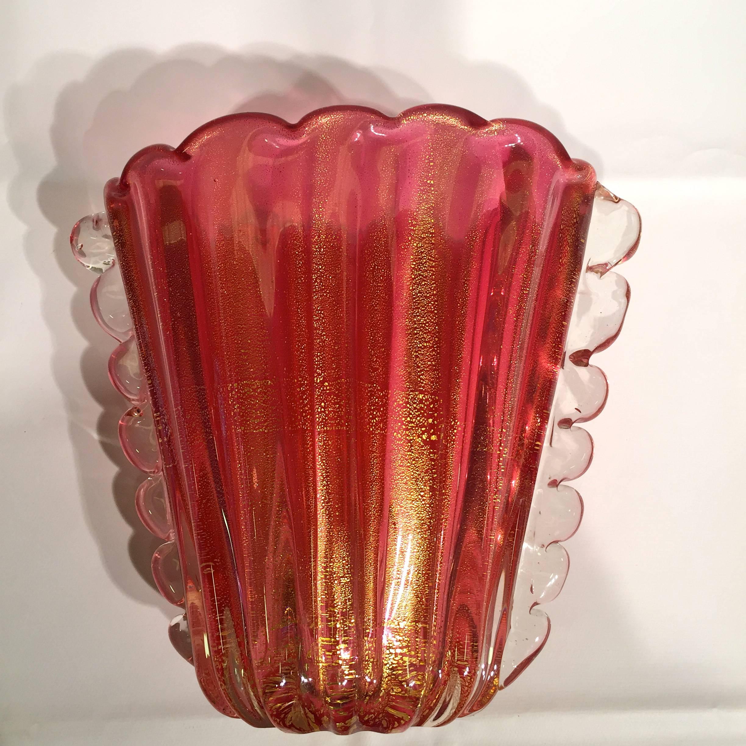 Archimede Seguso, vase in artistic blown glass of Murano with side applications and gold foil.