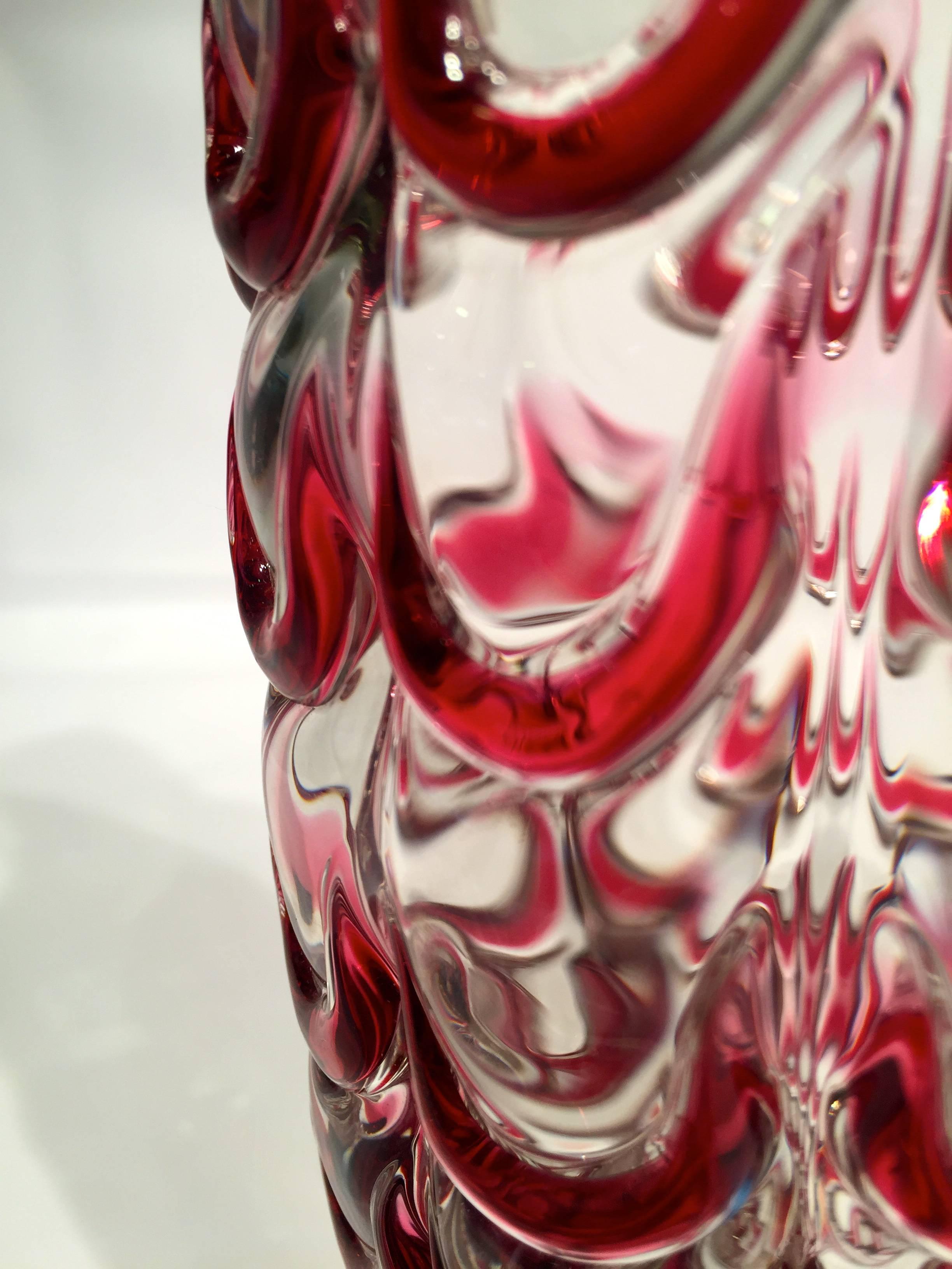 Attributed Dino Martens, artistic blown glass vase of Murano, circa 1950. Transparent and applied intense red glass.