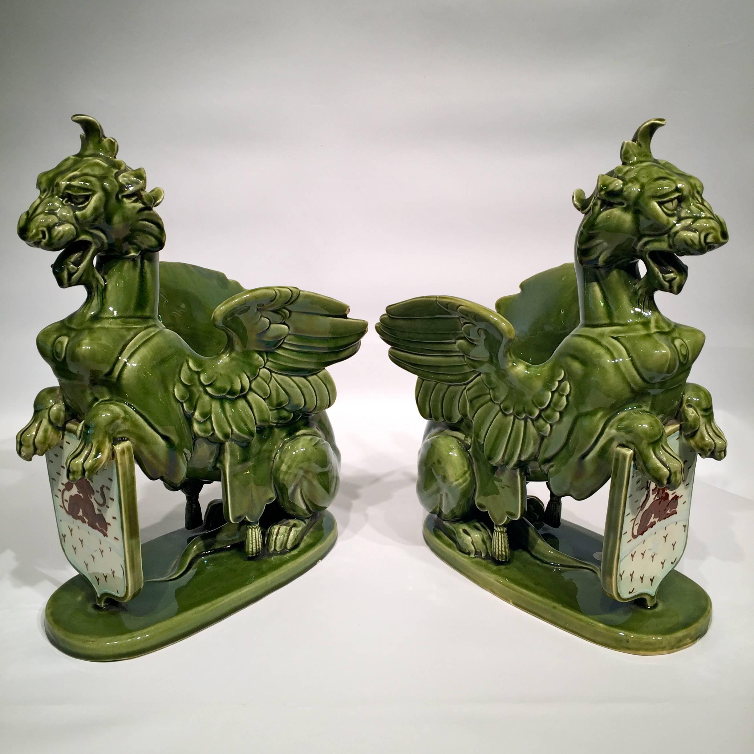 Pair of Empire Chimeras H.B & cie, Choisy le Roi, France, intense green, porcelain vases.