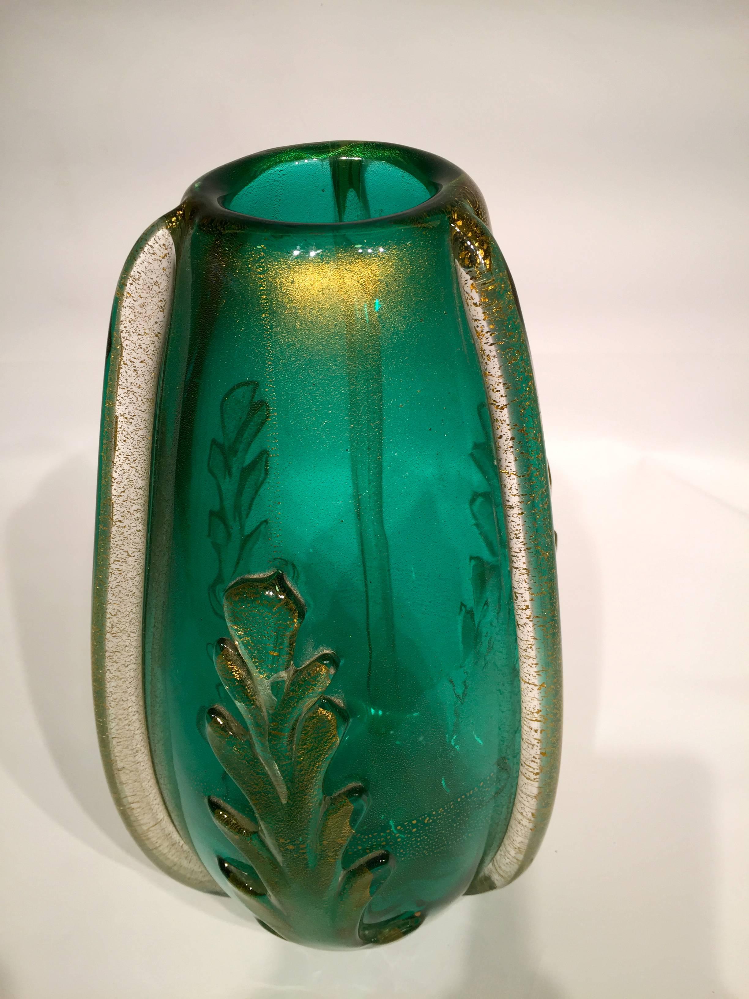 Appliqué ERCOLE BAROVIER Green Artistic Blown Glass of Murano Vase, circa 1950 For Sale