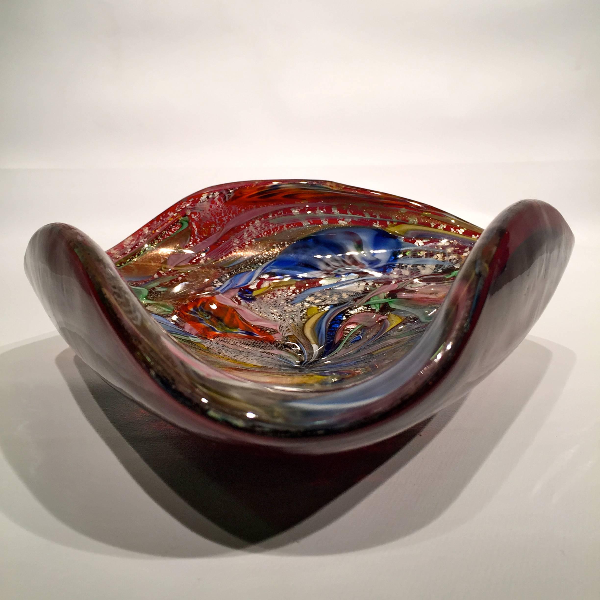 Italian AVeM Bowl, Artistic Blown Murano Glass, Multicolored and Red, circa 1950 For Sale