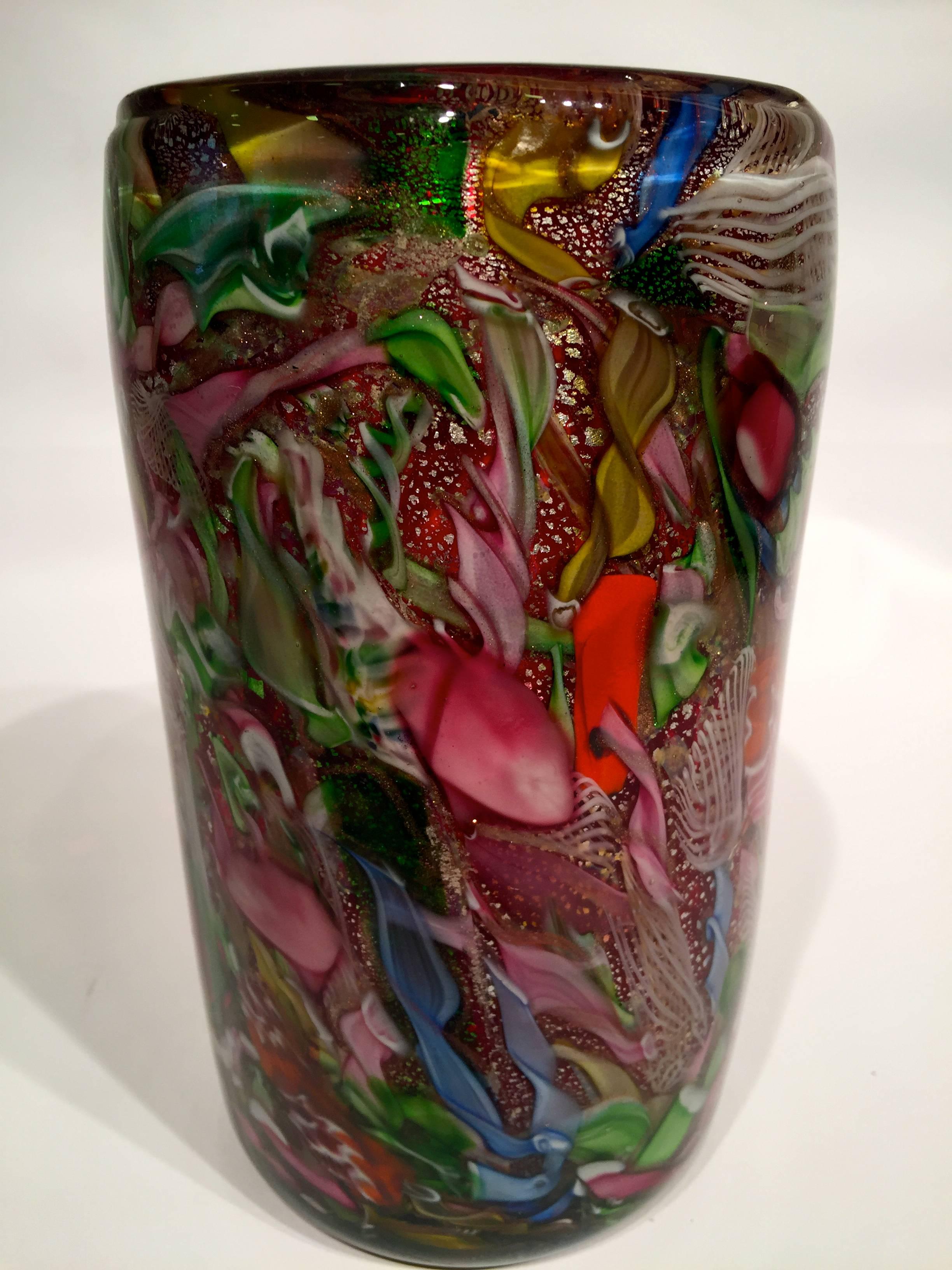 Mid-Century Modern AVeM Vase, Artistic Blown Murano Glass, Multicolored and Red, circa 1950 For Sale