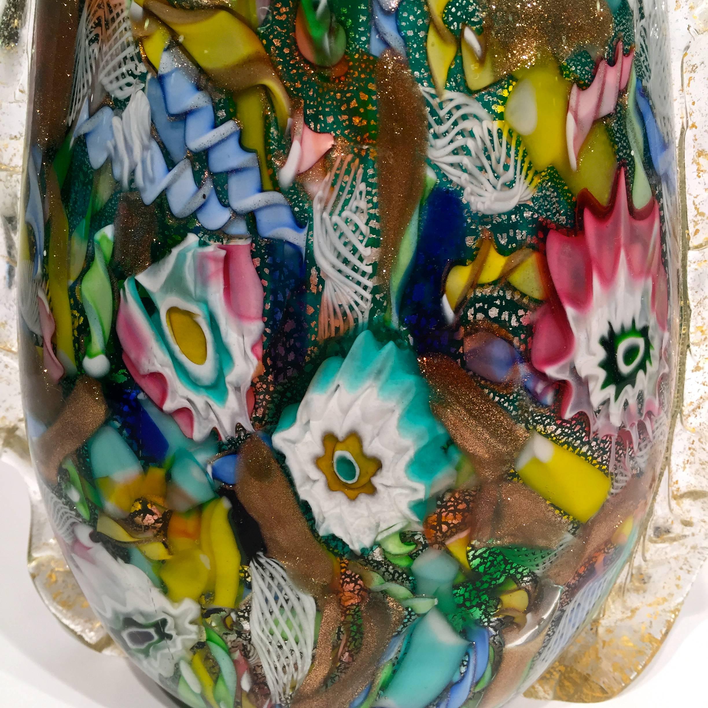 AVeM Vase, artistic blown Murano glass multicolored and green, circa 1950. With aventurine and silver.
