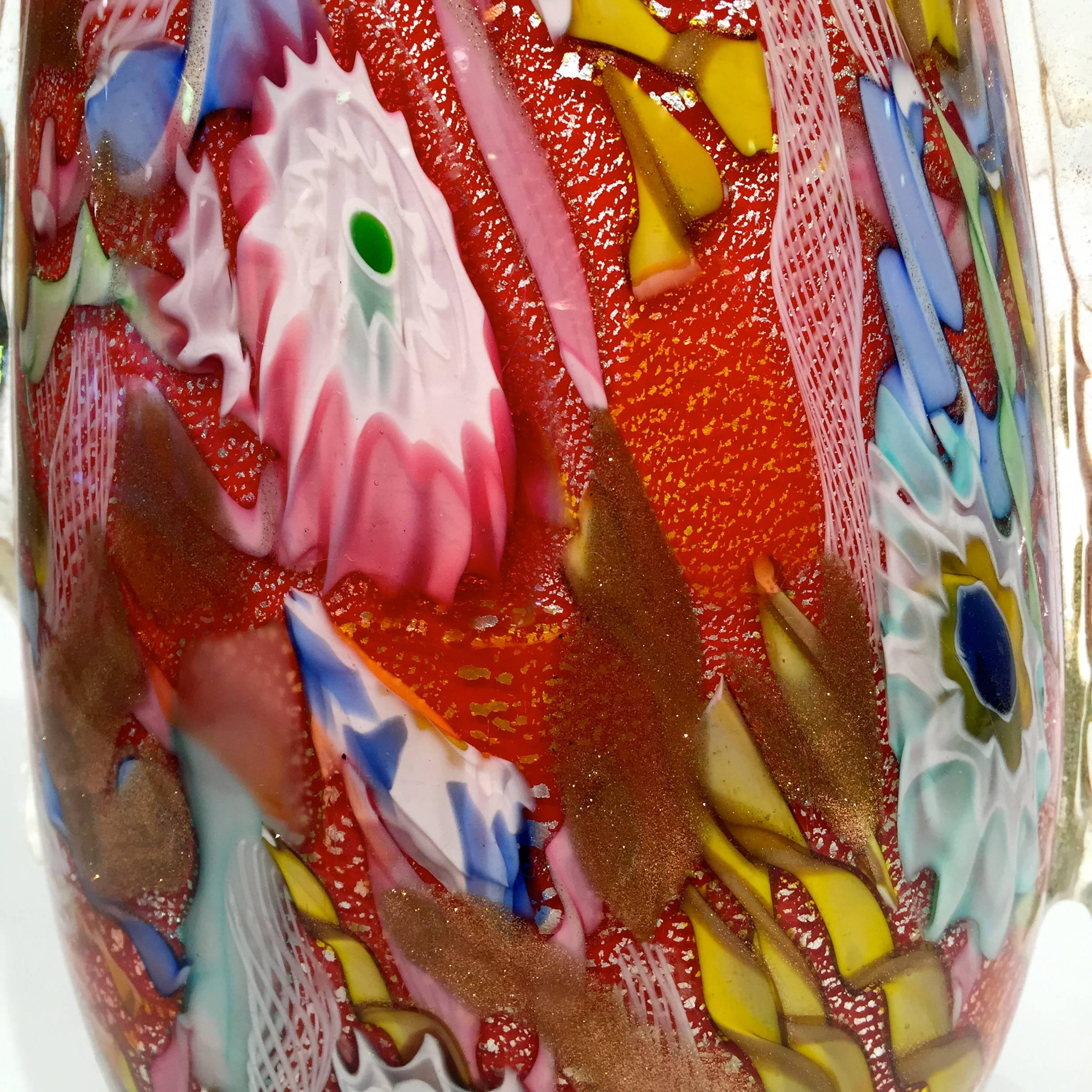AVeM vase, artistic blown Murano glass multicolored and red, circa 1950. With aventurine and silver.