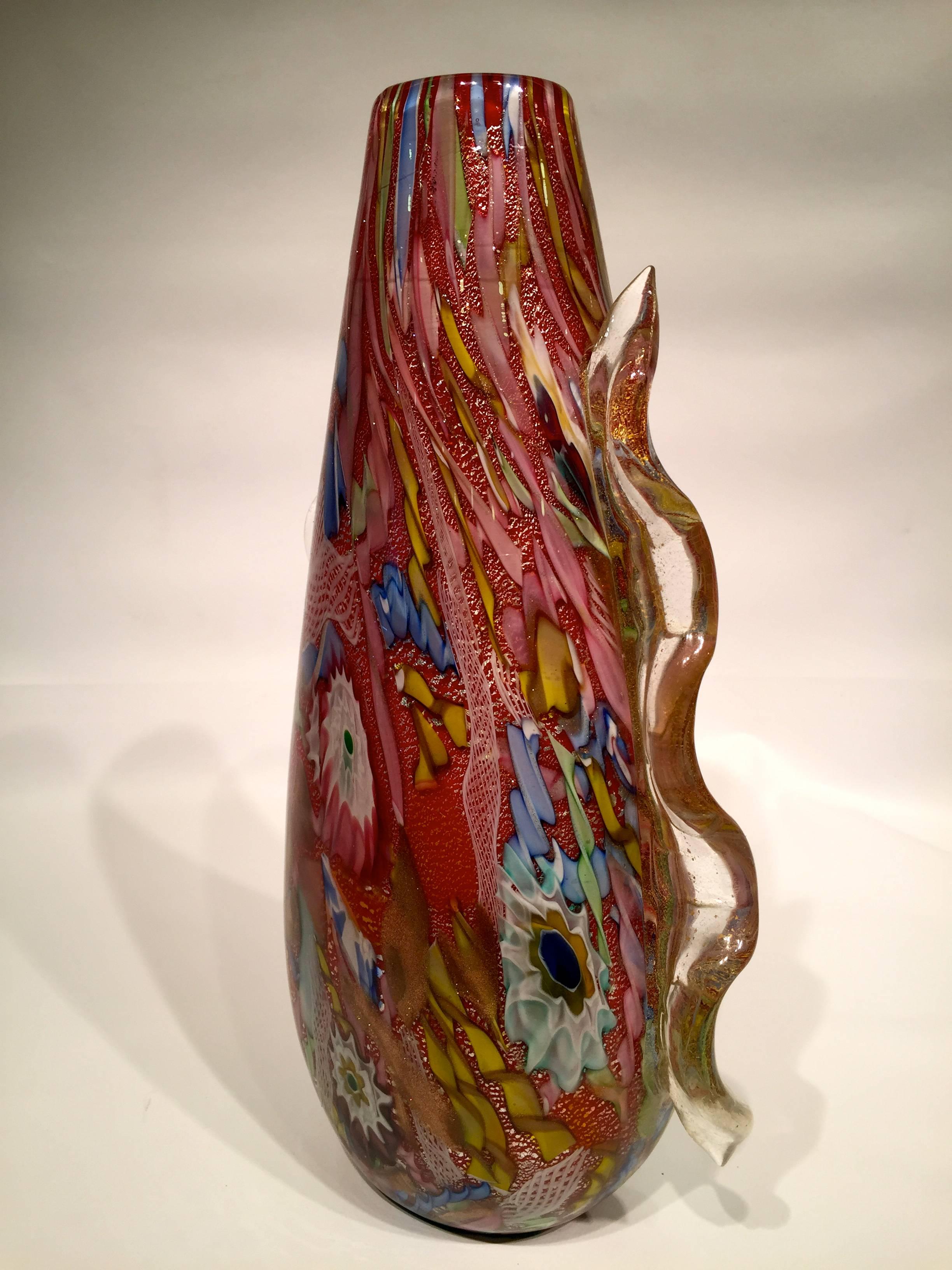 Mid-20th Century AVeM Vase, Artistic Blown Murano Glass, Multicolored and Red, circa 1950 For Sale