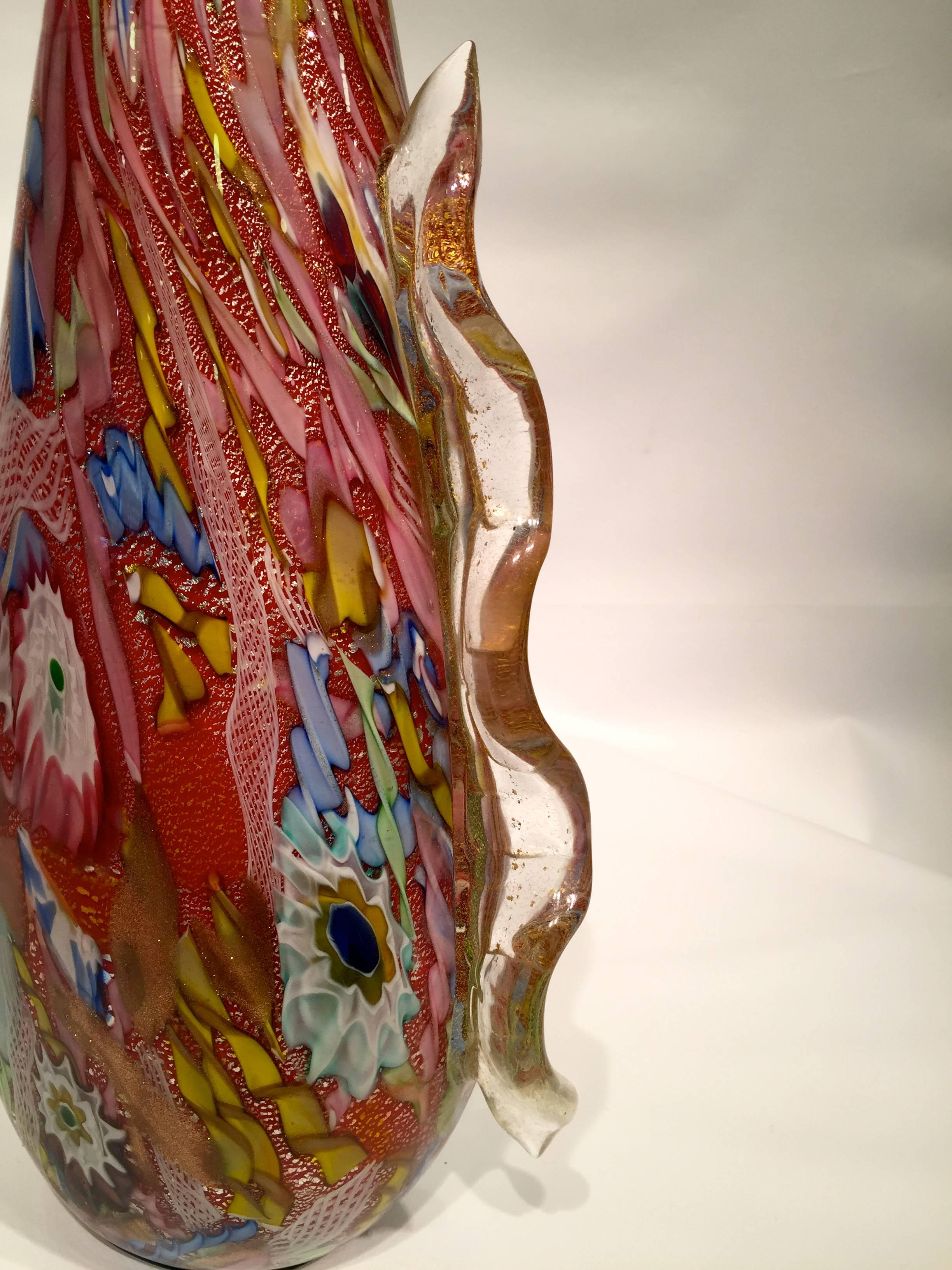 AVeM Vase, Artistic Blown Murano Glass, Multicolored and Red, circa 1950 For Sale 2
