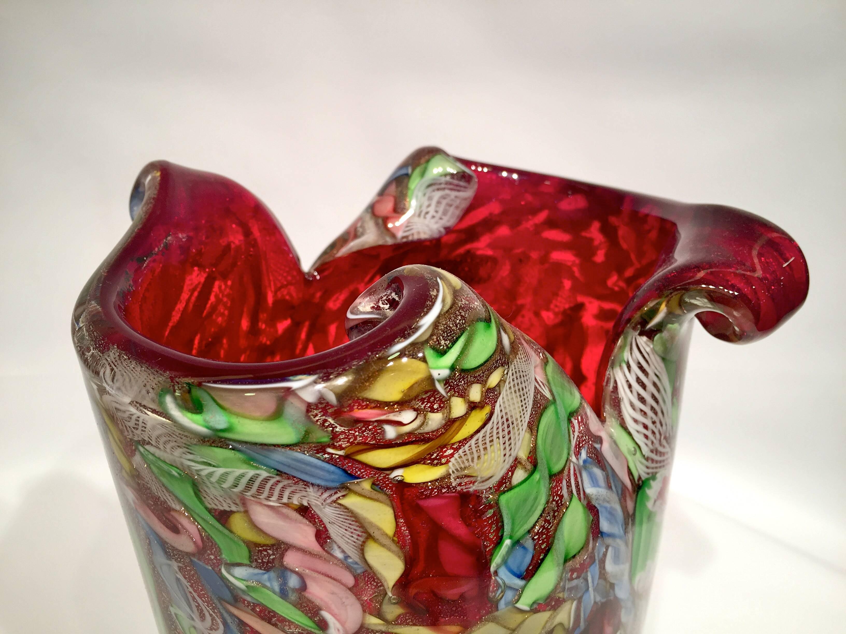 Avem vase, artistic blown Murano glass multicolored and red, circa 1950. With aventurine and silver.