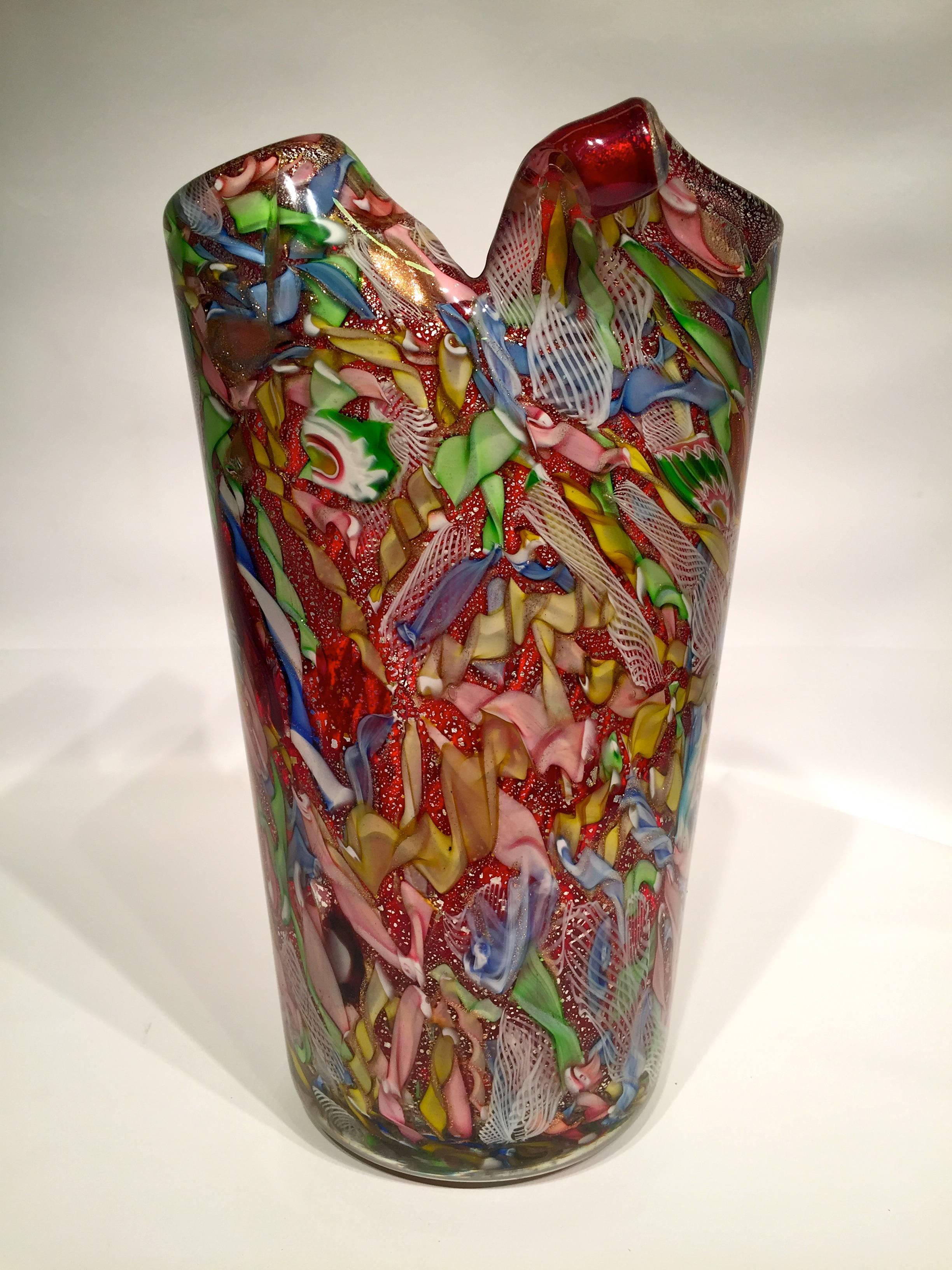 Mid-Century Modern AVeM Vase, Artistic Blown Murano Glass, Multicolored and Red, circa 1950 For Sale