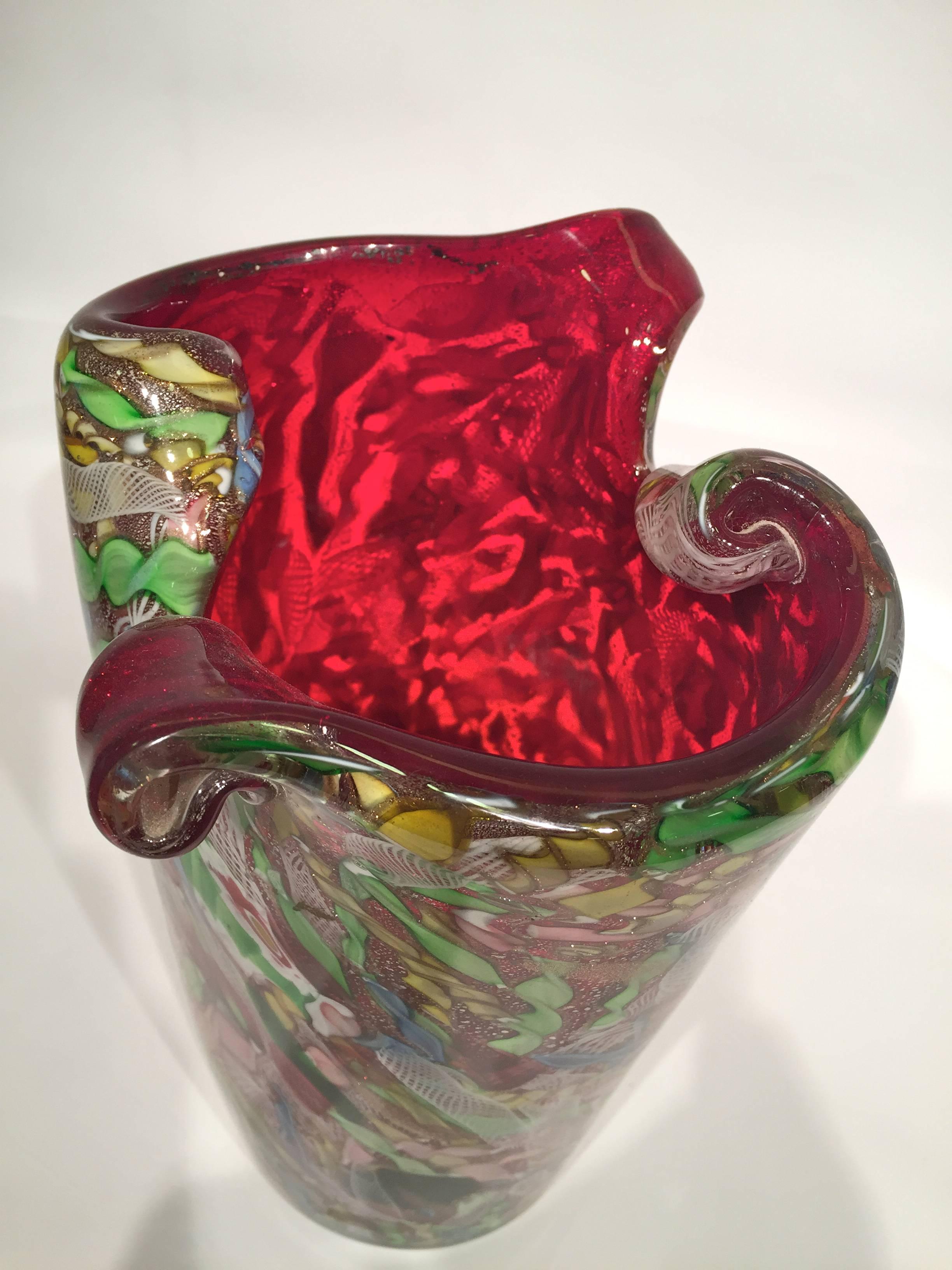 Italian AVeM Vase, Artistic Blown Murano Glass, Multicolored and Red, circa 1950 For Sale